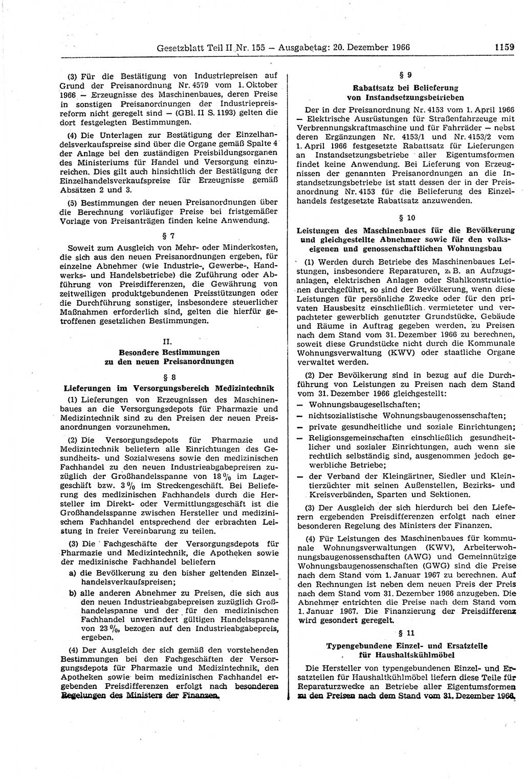Gesetzblatt (GBl.) der Deutschen Demokratischen Republik (DDR) Teil ⅠⅠ 1966, Seite 1159 (GBl. DDR ⅠⅠ 1966, S. 1159)