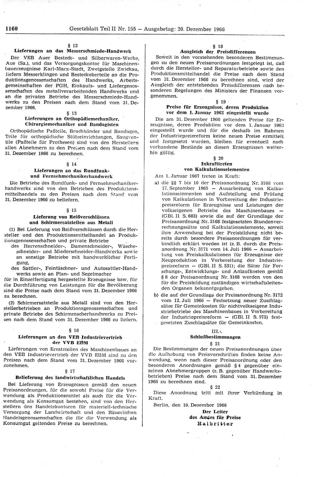 Gesetzblatt (GBl.) der Deutschen Demokratischen Republik (DDR) Teil ⅠⅠ 1966, Seite 1160 (GBl. DDR ⅠⅠ 1966, S. 1160)