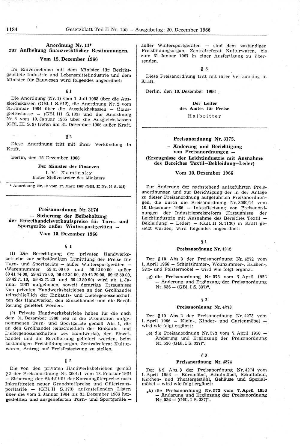 Gesetzblatt (GBl.) der Deutschen Demokratischen Republik (DDR) Teil ⅠⅠ 1966, Seite 1184 (GBl. DDR ⅠⅠ 1966, S. 1184)