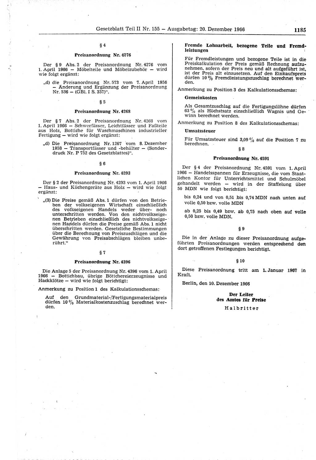 Gesetzblatt (GBl.) der Deutschen Demokratischen Republik (DDR) Teil ⅠⅠ 1966, Seite 1185 (GBl. DDR ⅠⅠ 1966, S. 1185)