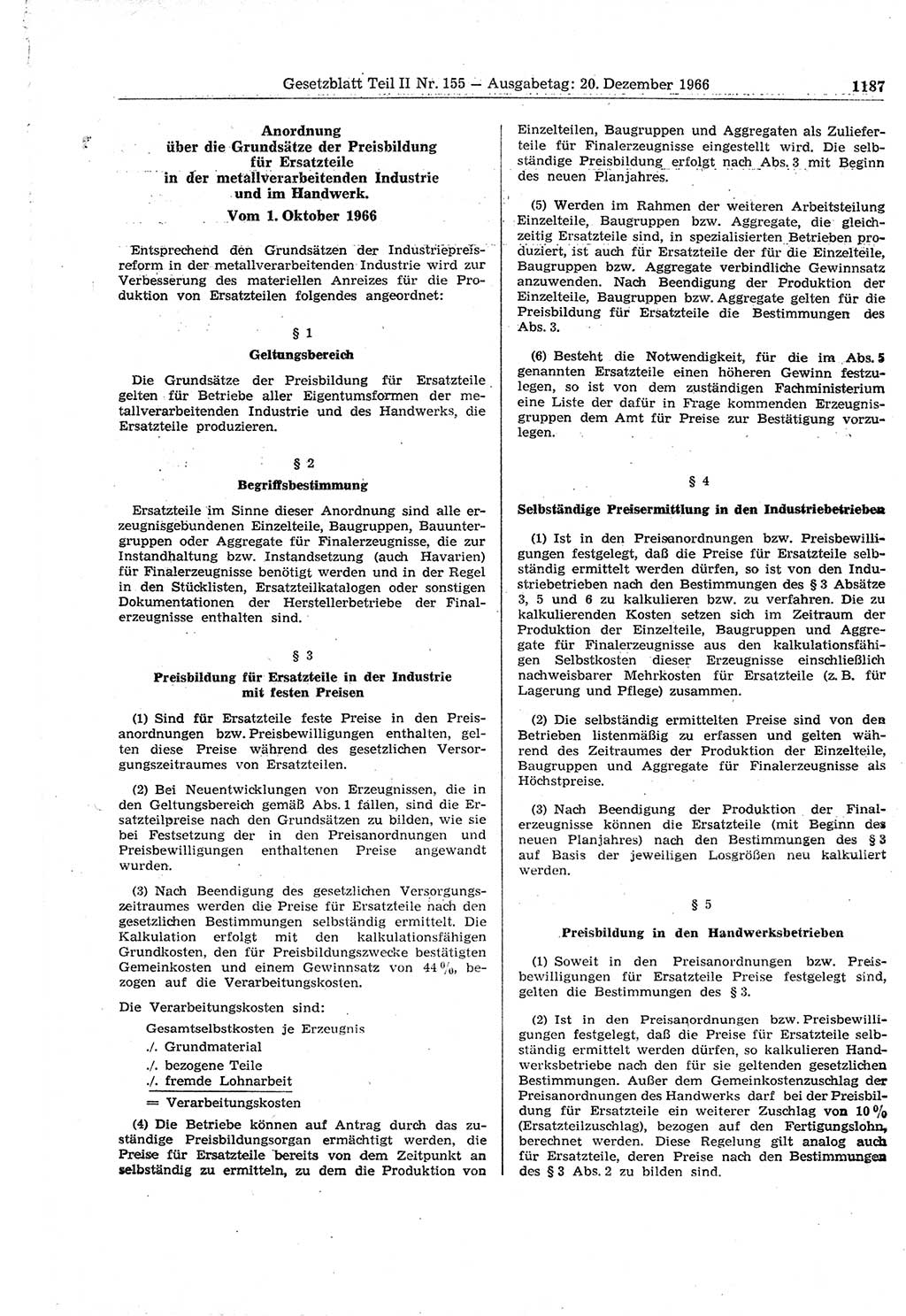 Gesetzblatt (GBl.) der Deutschen Demokratischen Republik (DDR) Teil ⅠⅠ 1966, Seite 1187 (GBl. DDR ⅠⅠ 1966, S. 1187)