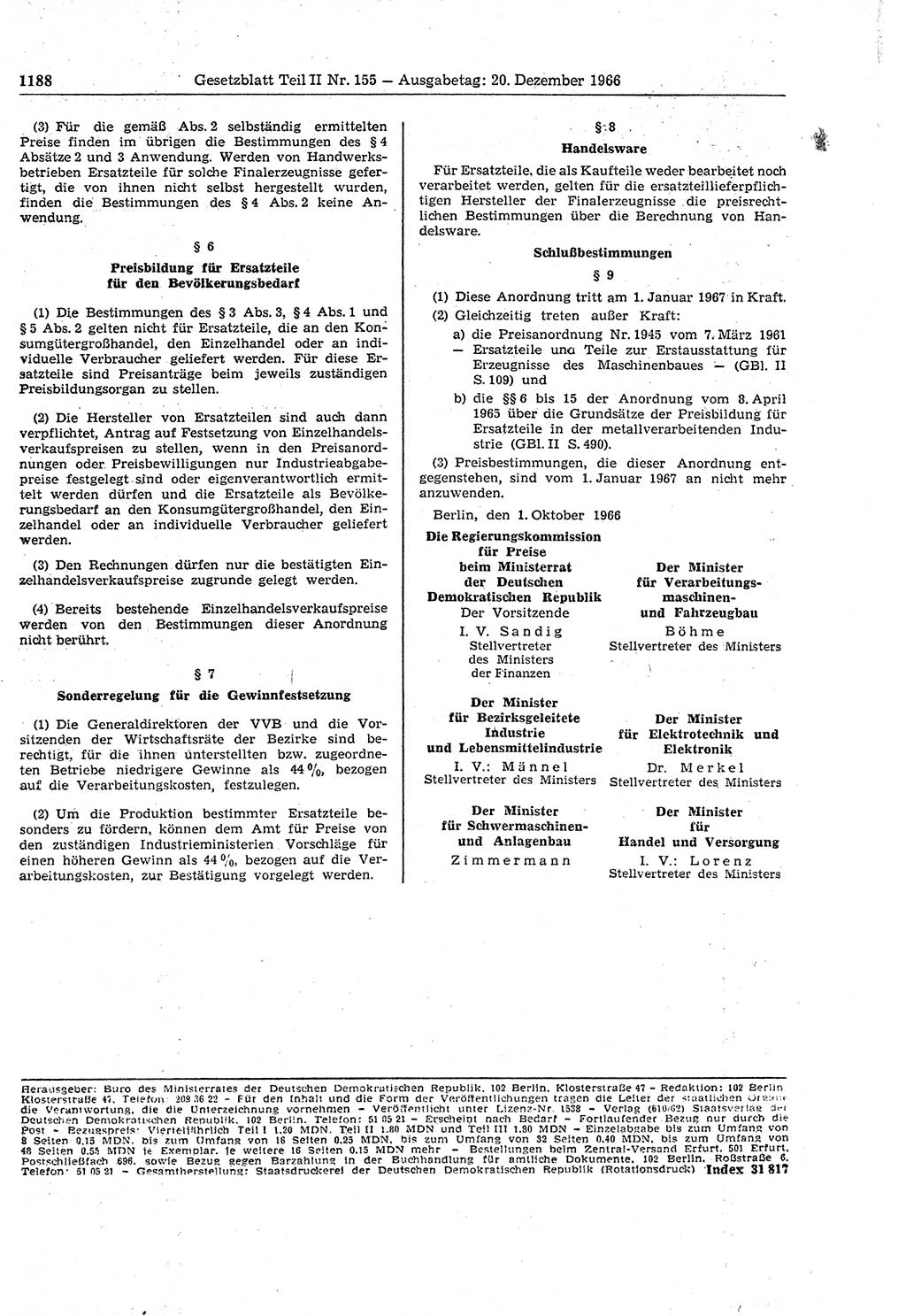 Gesetzblatt (GBl.) der Deutschen Demokratischen Republik (DDR) Teil ⅠⅠ 1966, Seite 1188 (GBl. DDR ⅠⅠ 1966, S. 1188)