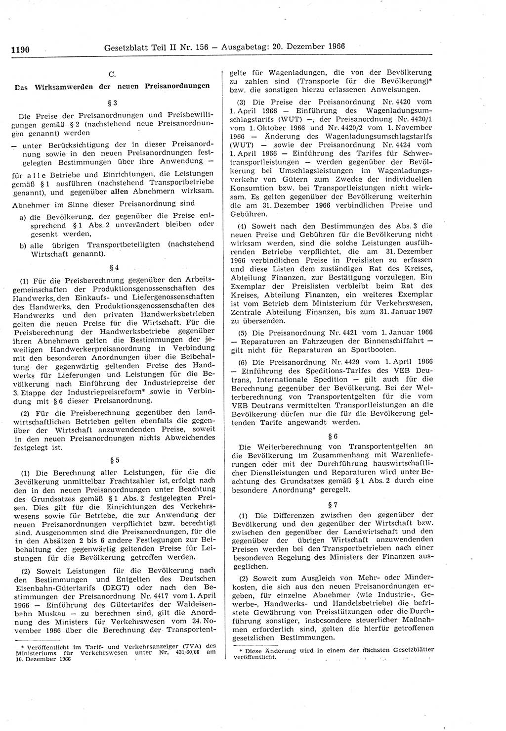 Gesetzblatt (GBl.) der Deutschen Demokratischen Republik (DDR) Teil ⅠⅠ 1966, Seite 1190 (GBl. DDR ⅠⅠ 1966, S. 1190)