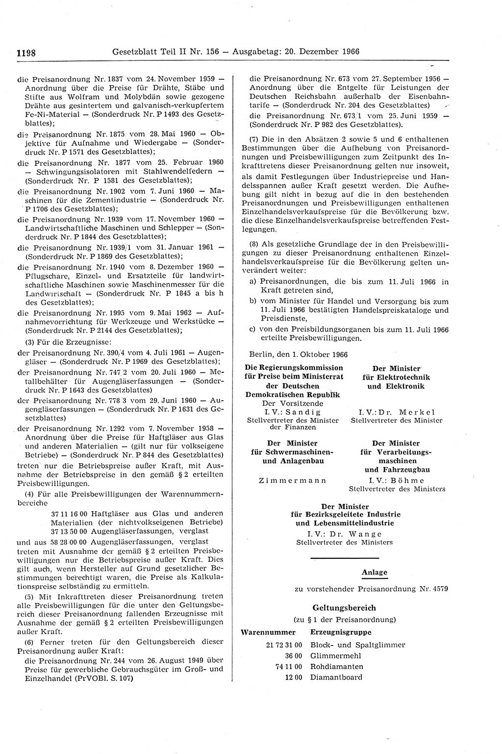 Gesetzblatt (GBl.) der Deutschen Demokratischen Republik (DDR) Teil ⅠⅠ 1966, Seite 1198 (GBl. DDR ⅠⅠ 1966, S. 1198)