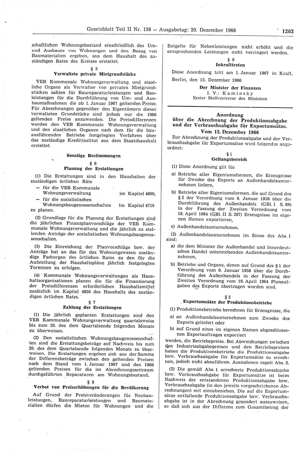 Gesetzblatt (GBl.) der Deutschen Demokratischen Republik (DDR) Teil ⅠⅠ 1966, Seite 1203 (GBl. DDR ⅠⅠ 1966, S. 1203)