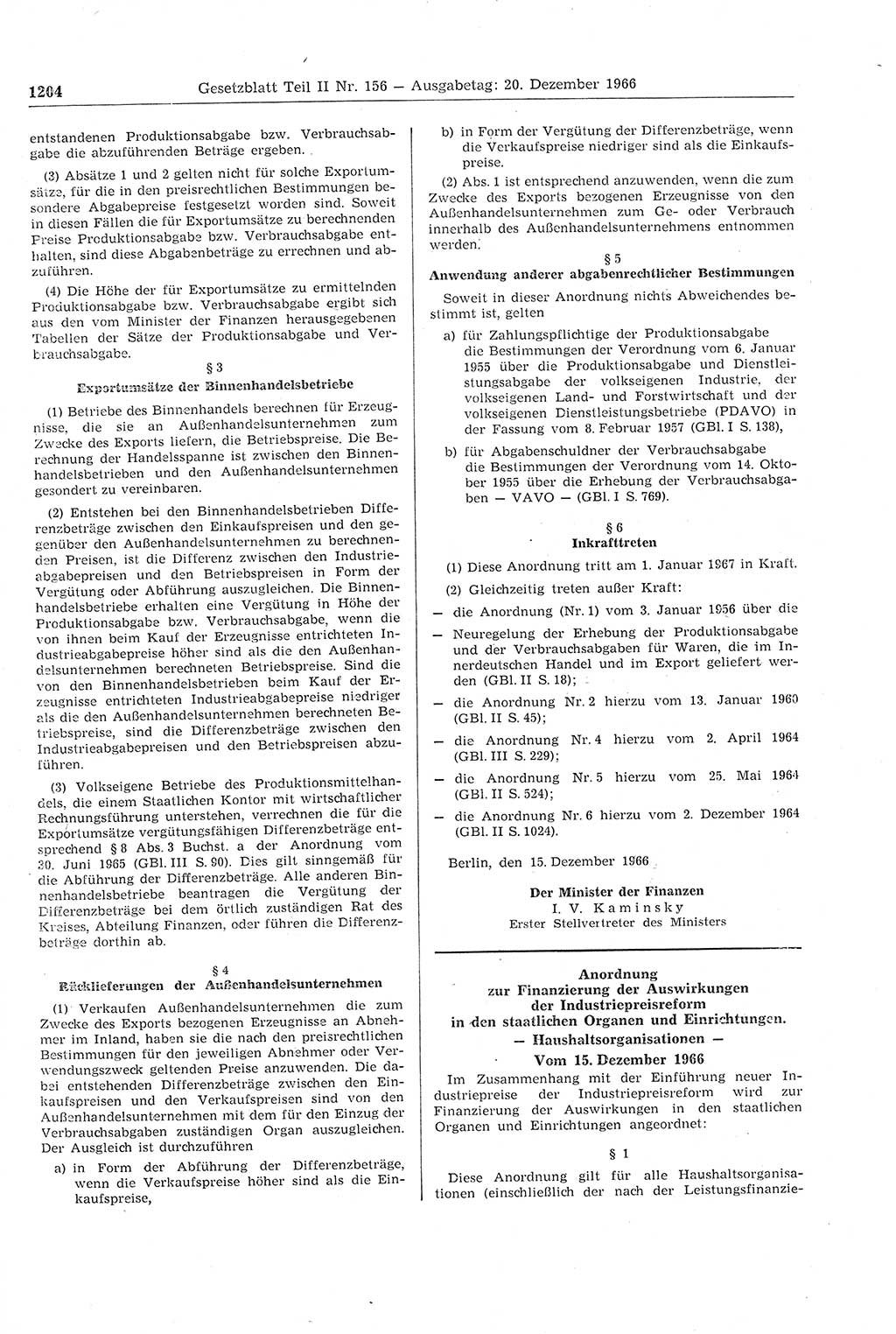 Gesetzblatt (GBl.) der Deutschen Demokratischen Republik (DDR) Teil ⅠⅠ 1966, Seite 1204 (GBl. DDR ⅠⅠ 1966, S. 1204)