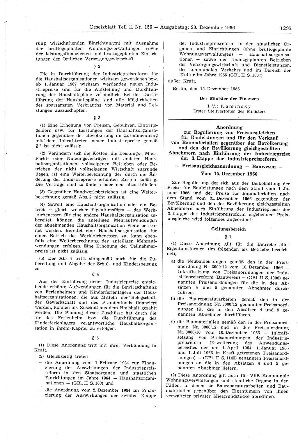 Gesetzblatt (GBl.) der Deutschen Demokratischen Republik (DDR) Teil ⅠⅠ 1966, Seite 1205 (GBl. DDR ⅠⅠ 1966, S. 1205)