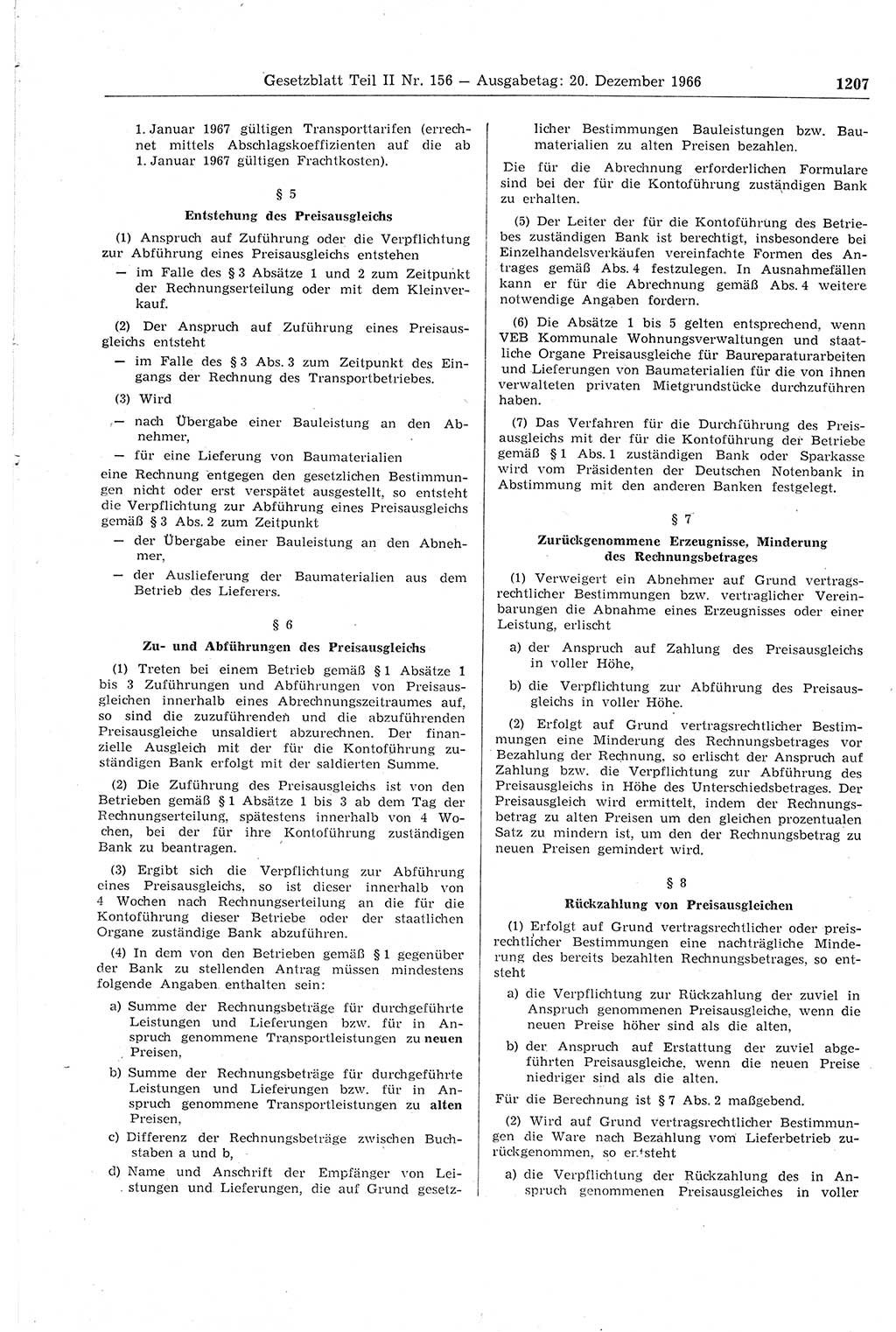 Gesetzblatt (GBl.) der Deutschen Demokratischen Republik (DDR) Teil ⅠⅠ 1966, Seite 1207 (GBl. DDR ⅠⅠ 1966, S. 1207)