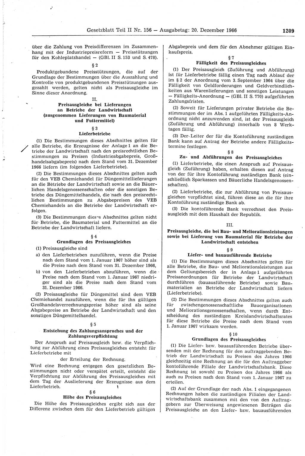 Gesetzblatt (GBl.) der Deutschen Demokratischen Republik (DDR) Teil ⅠⅠ 1966, Seite 1209 (GBl. DDR ⅠⅠ 1966, S. 1209)
