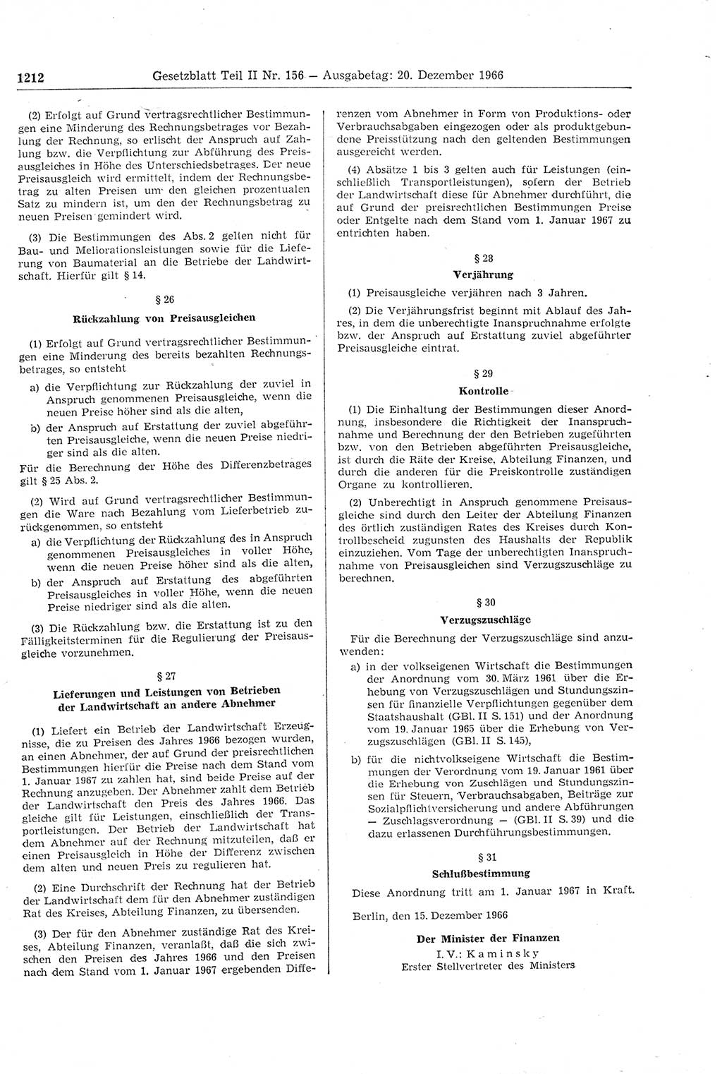 Gesetzblatt (GBl.) der Deutschen Demokratischen Republik (DDR) Teil ⅠⅠ 1966, Seite 1212 (GBl. DDR ⅠⅠ 1966, S. 1212)