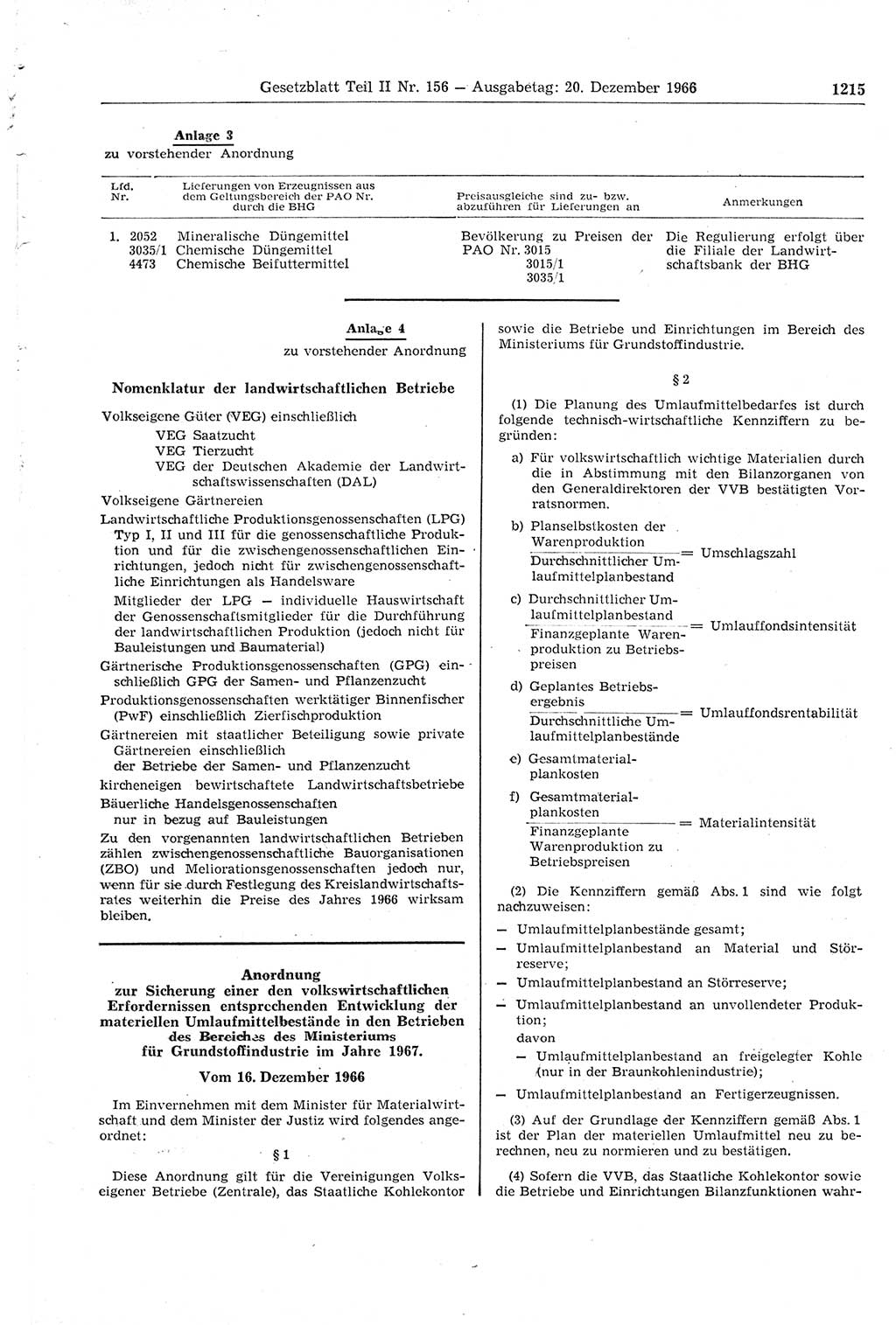 Gesetzblatt (GBl.) der Deutschen Demokratischen Republik (DDR) Teil ⅠⅠ 1966, Seite 1215 (GBl. DDR ⅠⅠ 1966, S. 1215)