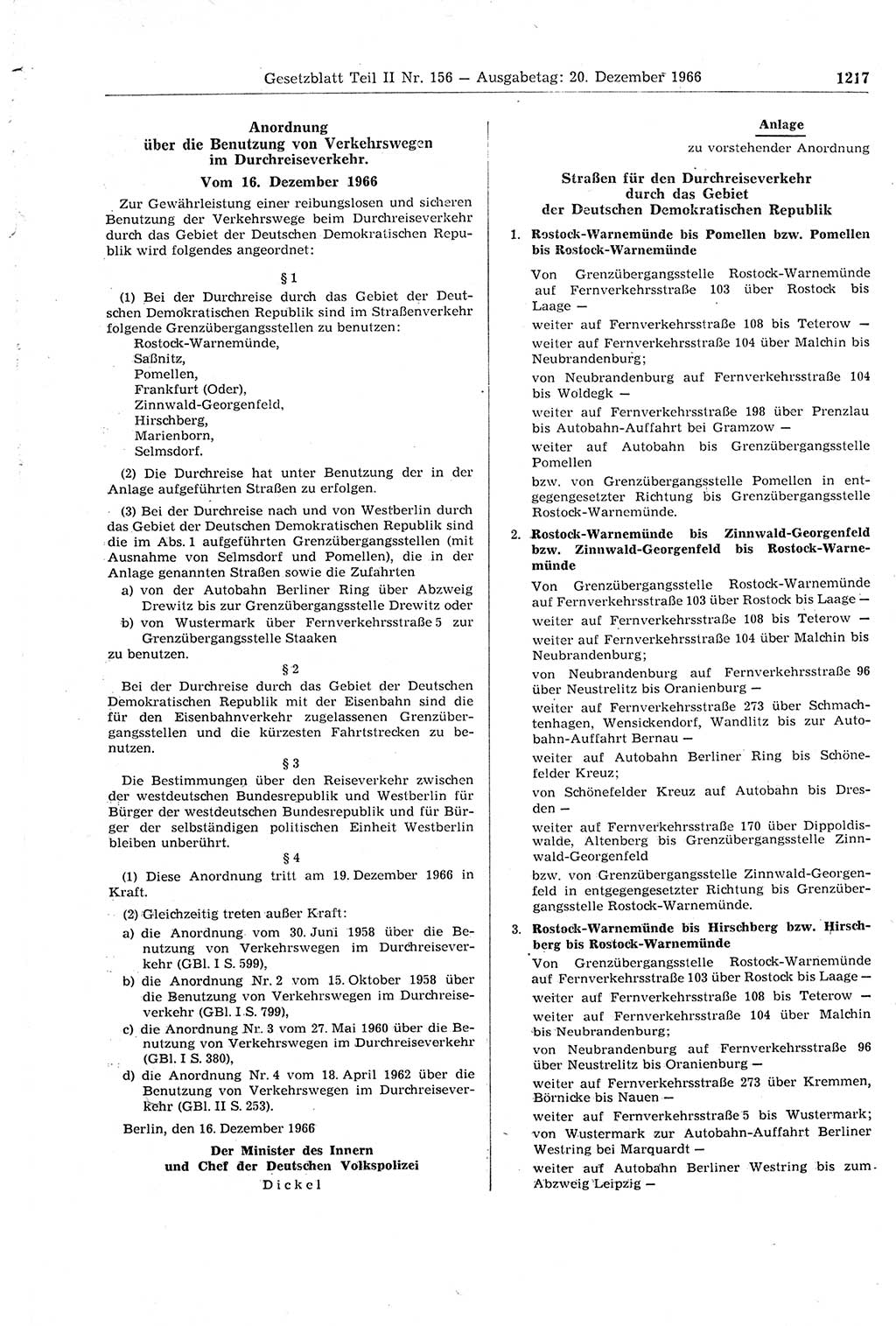 Gesetzblatt (GBl.) der Deutschen Demokratischen Republik (DDR) Teil ⅠⅠ 1966, Seite 1217 (GBl. DDR ⅠⅠ 1966, S. 1217)