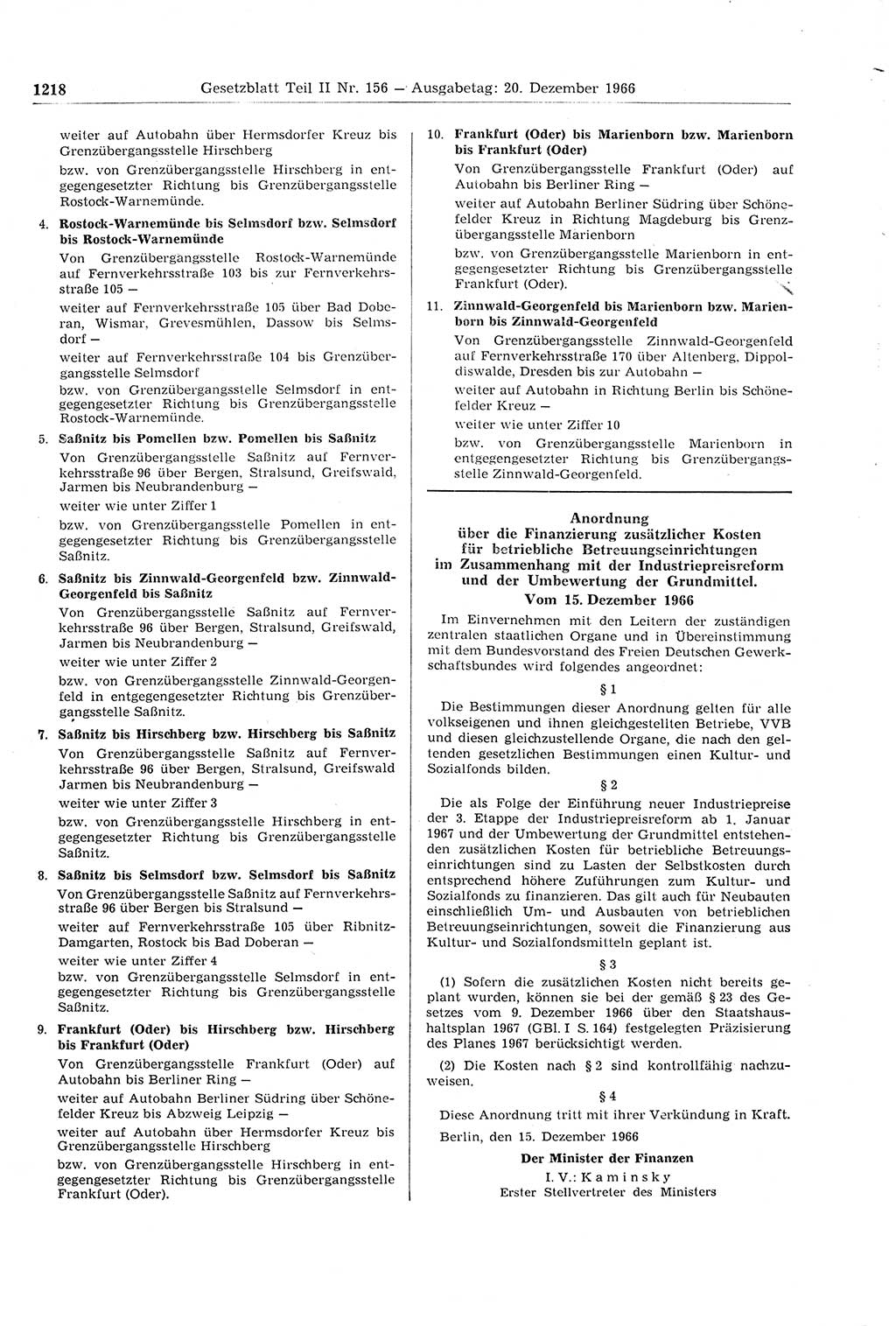 Gesetzblatt (GBl.) der Deutschen Demokratischen Republik (DDR) Teil ⅠⅠ 1966, Seite 1218 (GBl. DDR ⅠⅠ 1966, S. 1218)