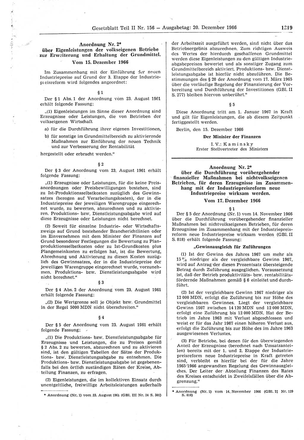 Gesetzblatt (GBl.) der Deutschen Demokratischen Republik (DDR) Teil ⅠⅠ 1966, Seite 1219 (GBl. DDR ⅠⅠ 1966, S. 1219)