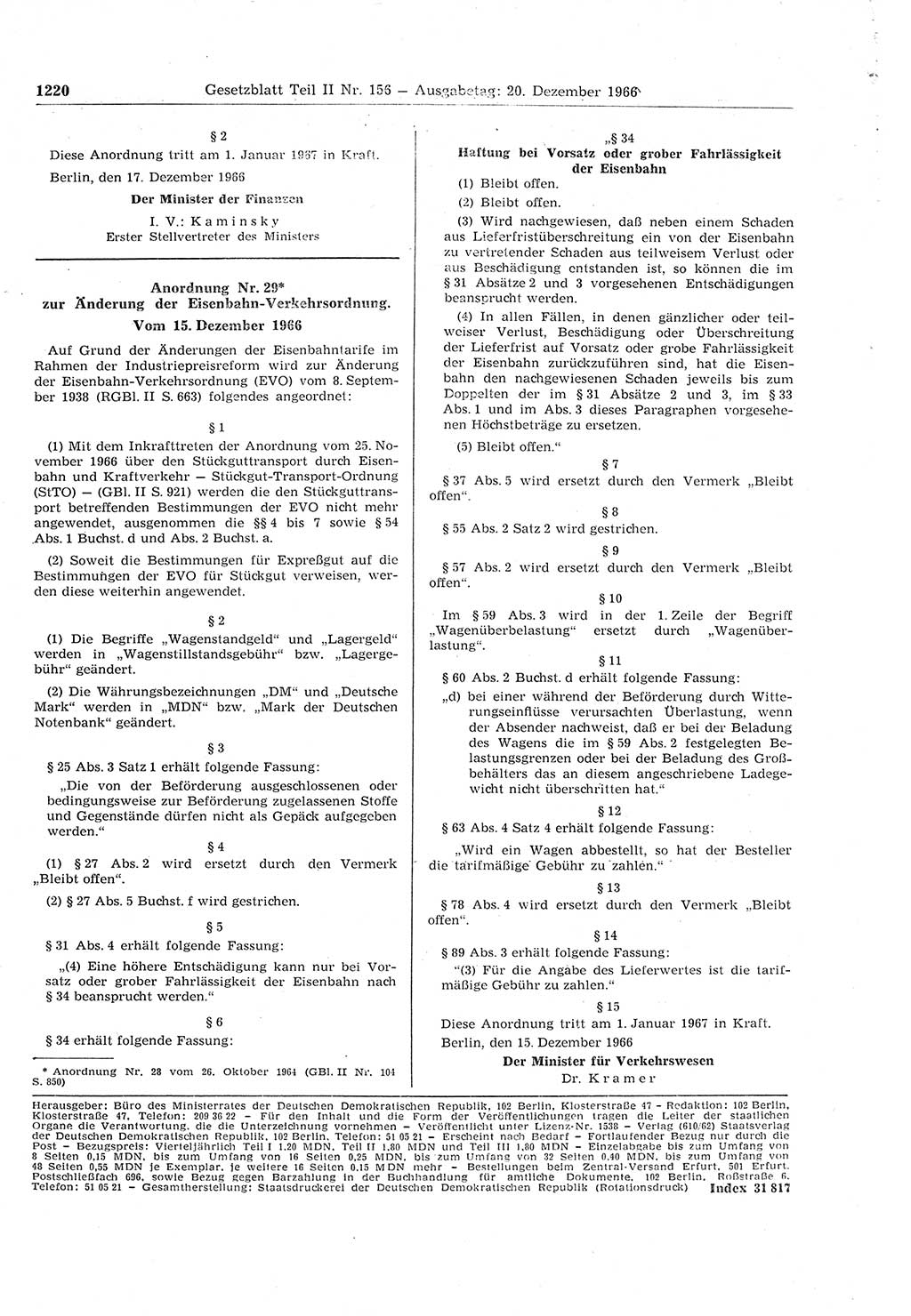 Gesetzblatt (GBl.) der Deutschen Demokratischen Republik (DDR) Teil ⅠⅠ 1966, Seite 1220 (GBl. DDR ⅠⅠ 1966, S. 1220)