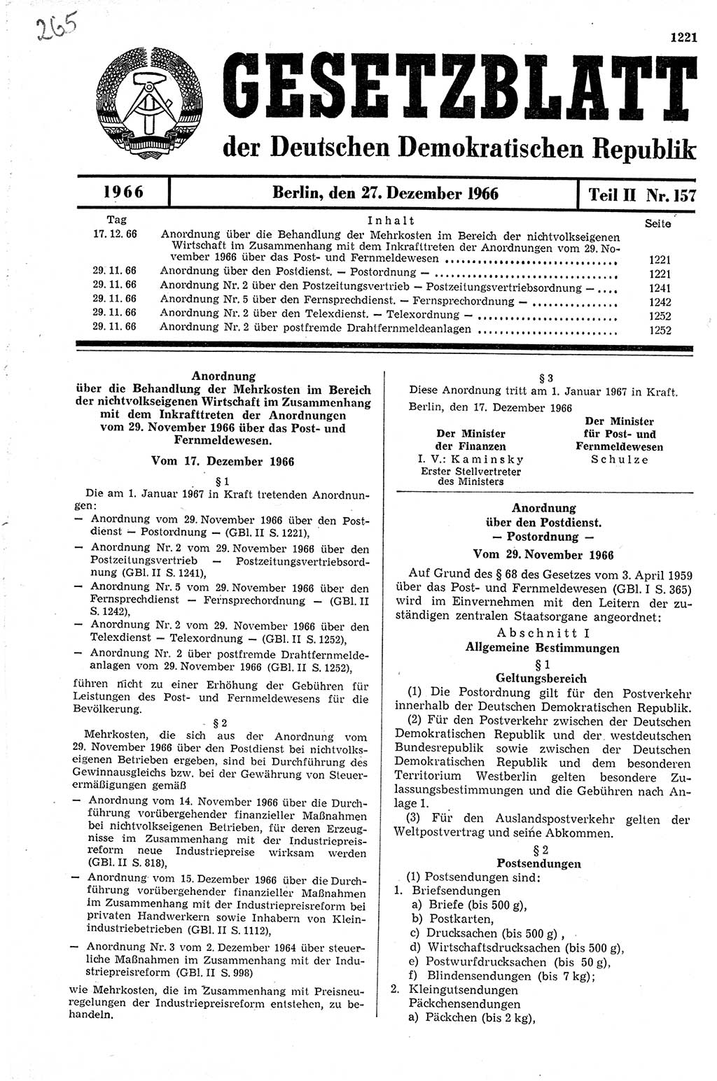 Gesetzblatt (GBl.) der Deutschen Demokratischen Republik (DDR) Teil ⅠⅠ 1966, Seite 1221 (GBl. DDR ⅠⅠ 1966, S. 1221)