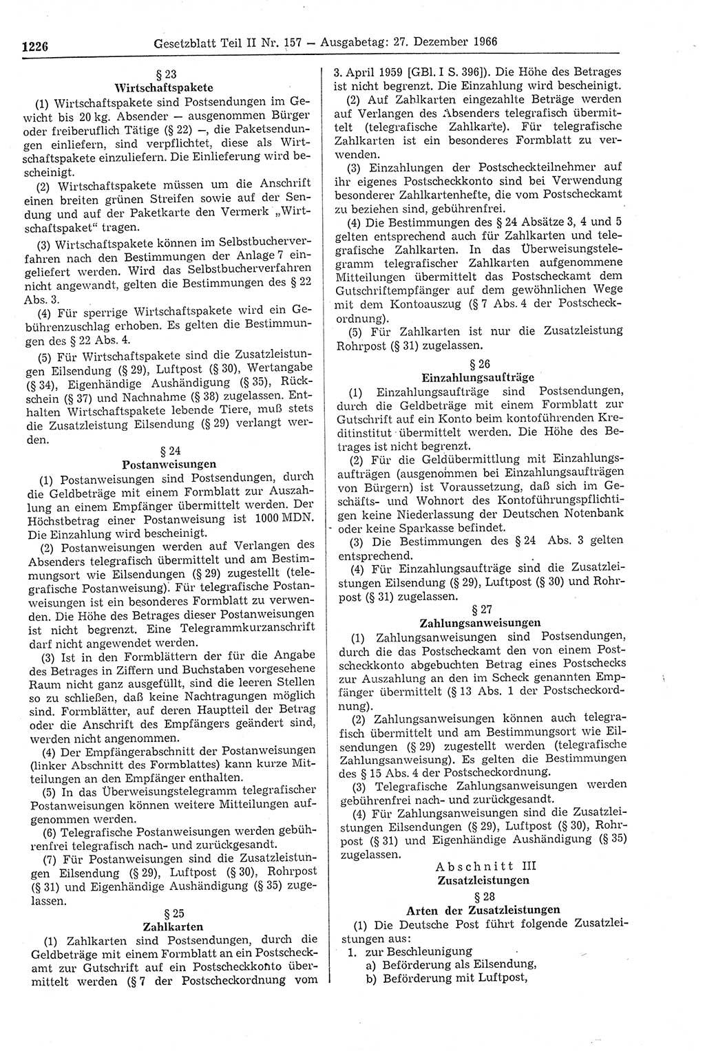 Gesetzblatt (GBl.) der Deutschen Demokratischen Republik (DDR) Teil ⅠⅠ 1966, Seite 1226 (GBl. DDR ⅠⅠ 1966, S. 1226)