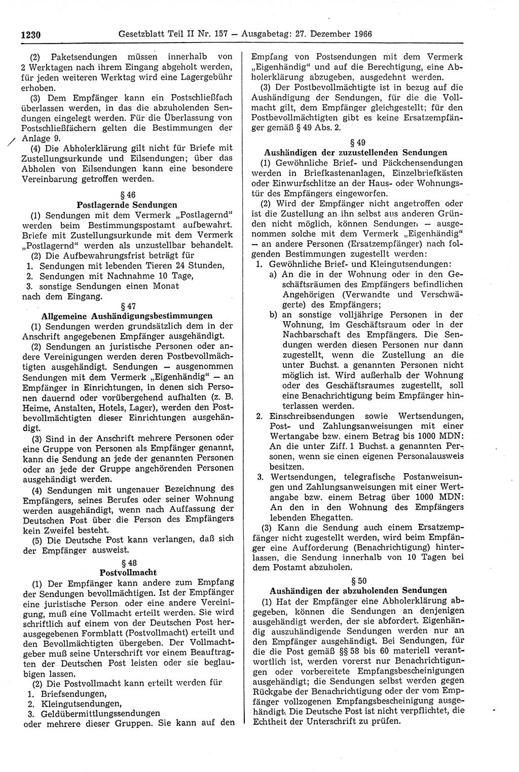 Gesetzblatt (GBl.) der Deutschen Demokratischen Republik (DDR) Teil ⅠⅠ 1966, Seite 1230 (GBl. DDR ⅠⅠ 1966, S. 1230)