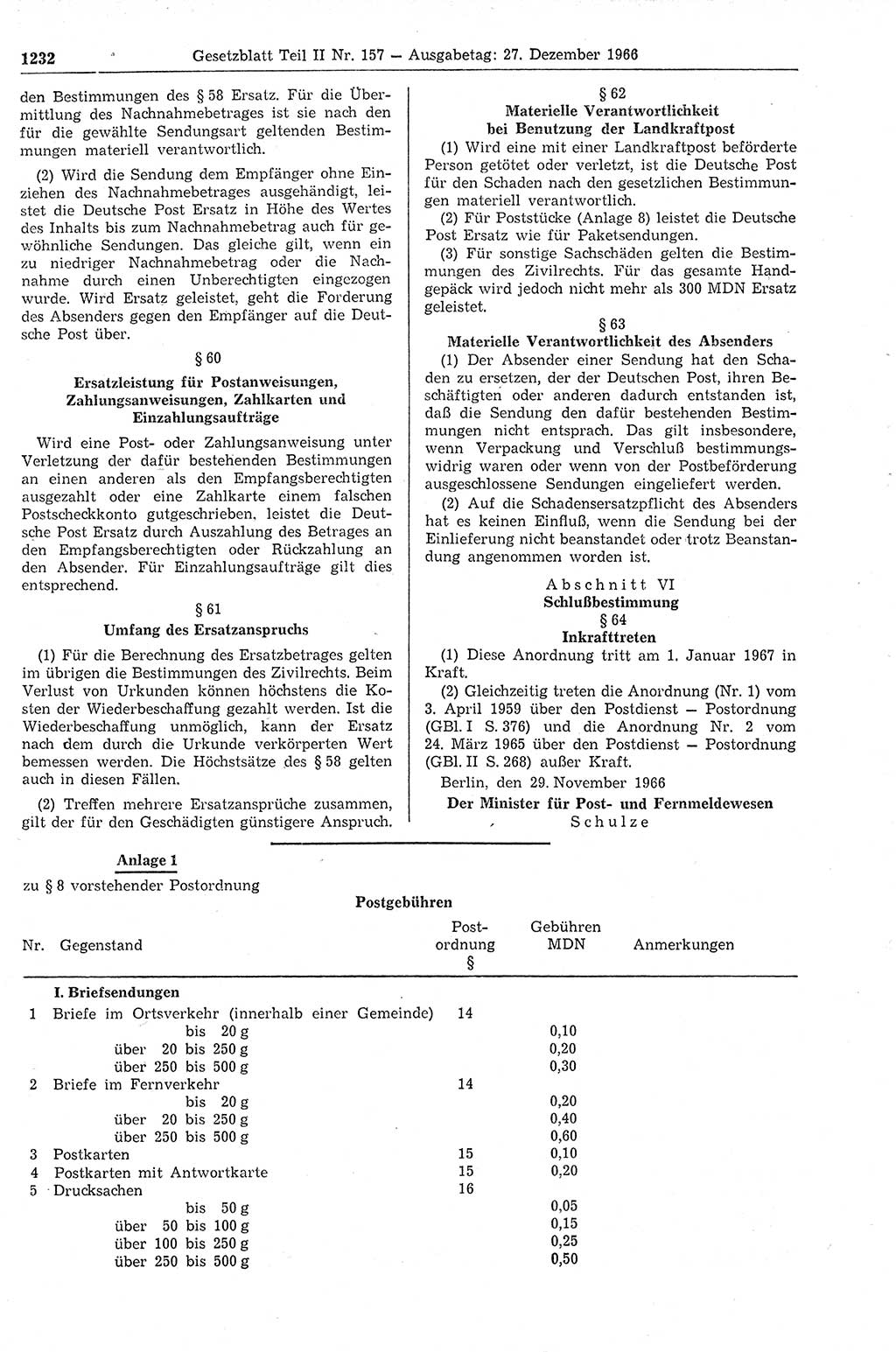 Gesetzblatt (GBl.) der Deutschen Demokratischen Republik (DDR) Teil ⅠⅠ 1966, Seite 1232 (GBl. DDR ⅠⅠ 1966, S. 1232)