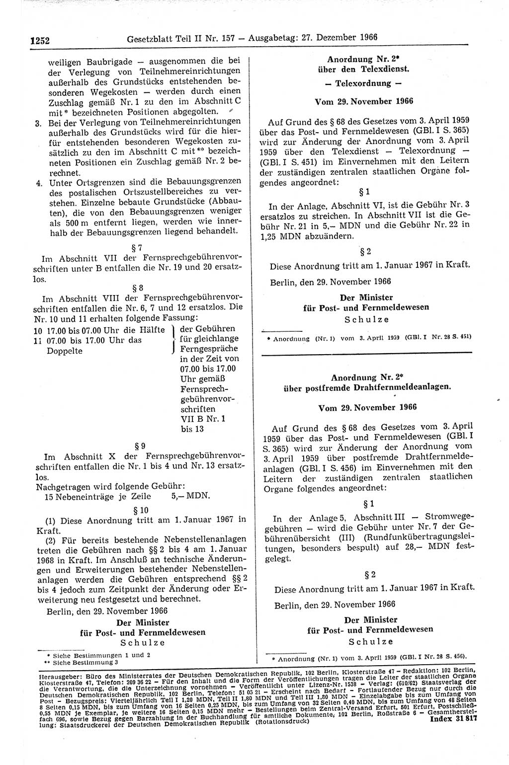 Gesetzblatt (GBl.) der Deutschen Demokratischen Republik (DDR) Teil ⅠⅠ 1966, Seite 1252 (GBl. DDR ⅠⅠ 1966, S. 1252)