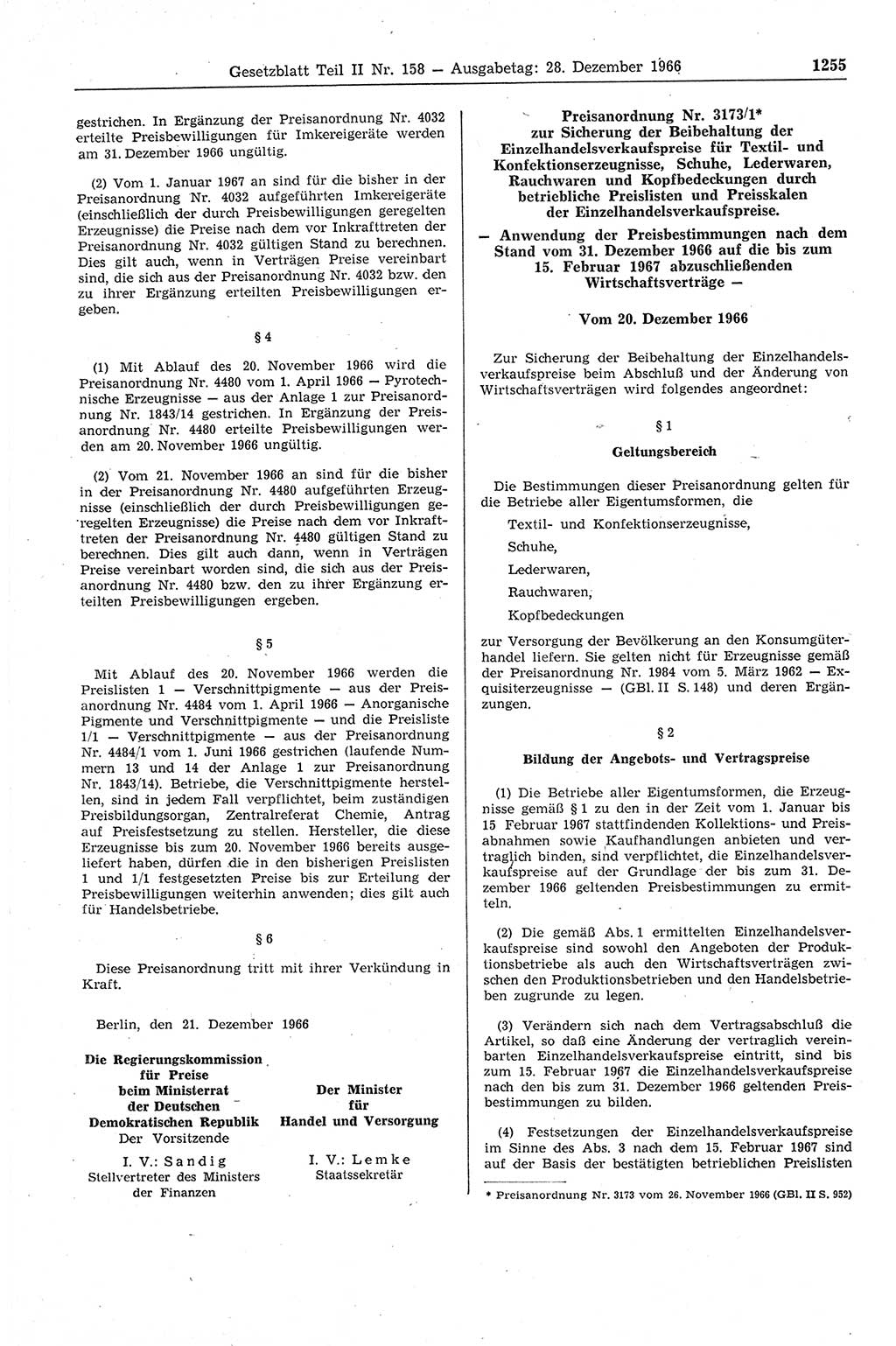 Gesetzblatt (GBl.) der Deutschen Demokratischen Republik (DDR) Teil ⅠⅠ 1966, Seite 1255 (GBl. DDR ⅠⅠ 1966, S. 1255)