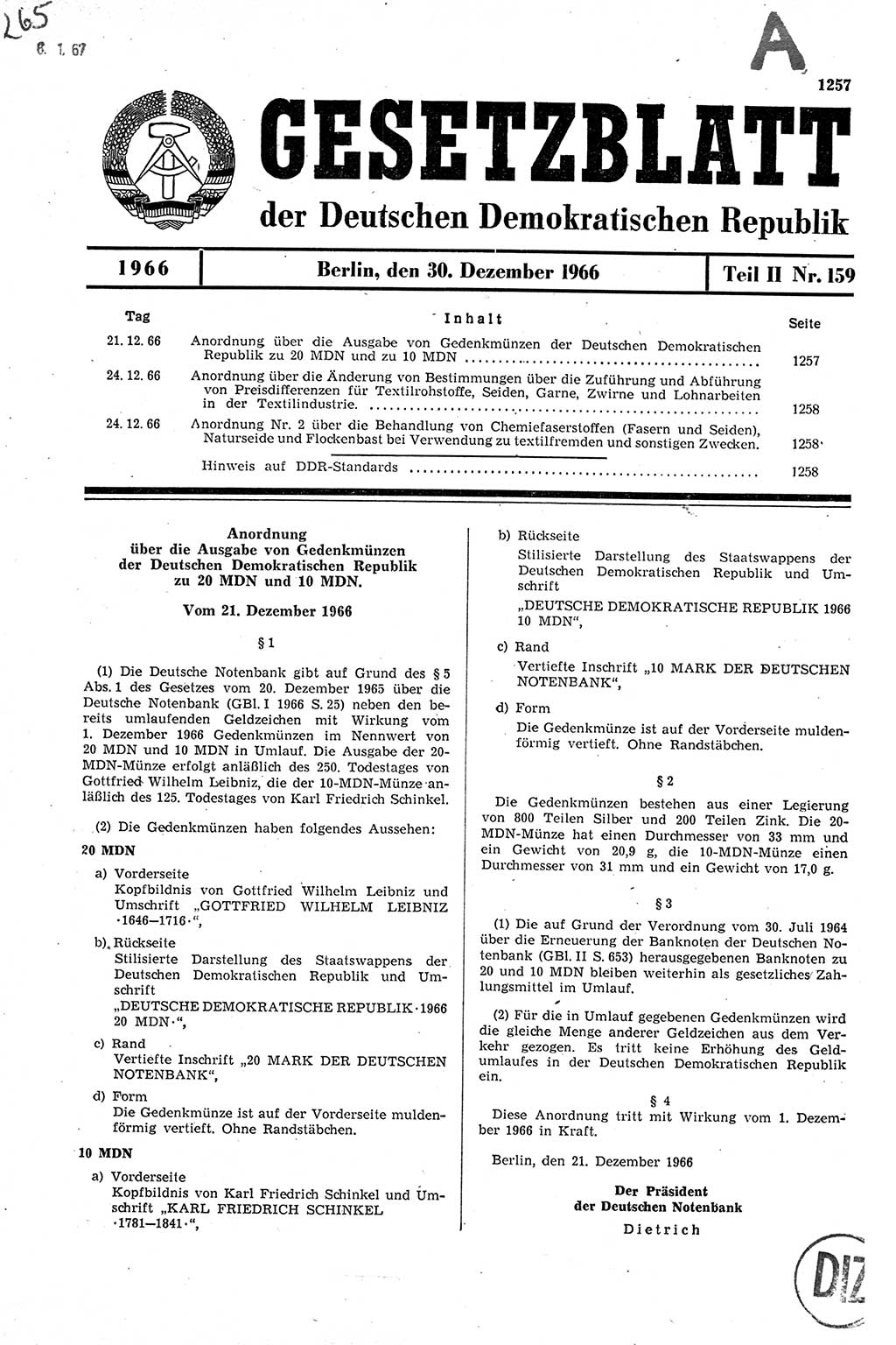 Gesetzblatt (GBl.) der Deutschen Demokratischen Republik (DDR) Teil ⅠⅠ 1966, Seite 1257 (GBl. DDR ⅠⅠ 1966, S. 1257)