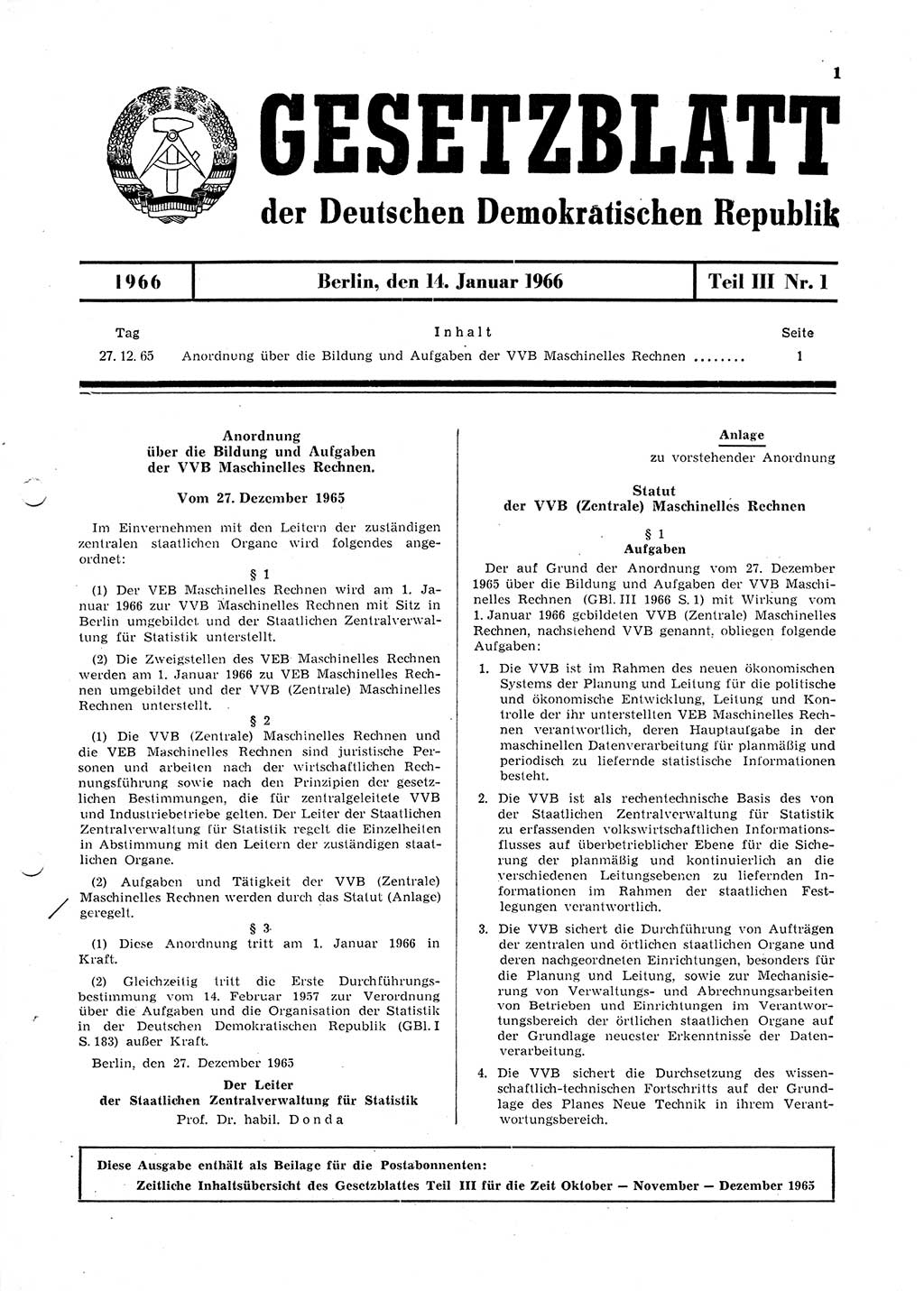 Gesetzblatt (GBl.) der Deutschen Demokratischen Republik (DDR) Teil ⅠⅠⅠ 1966, Seite 1 (GBl. DDR ⅠⅠⅠ 1966, S. 1)