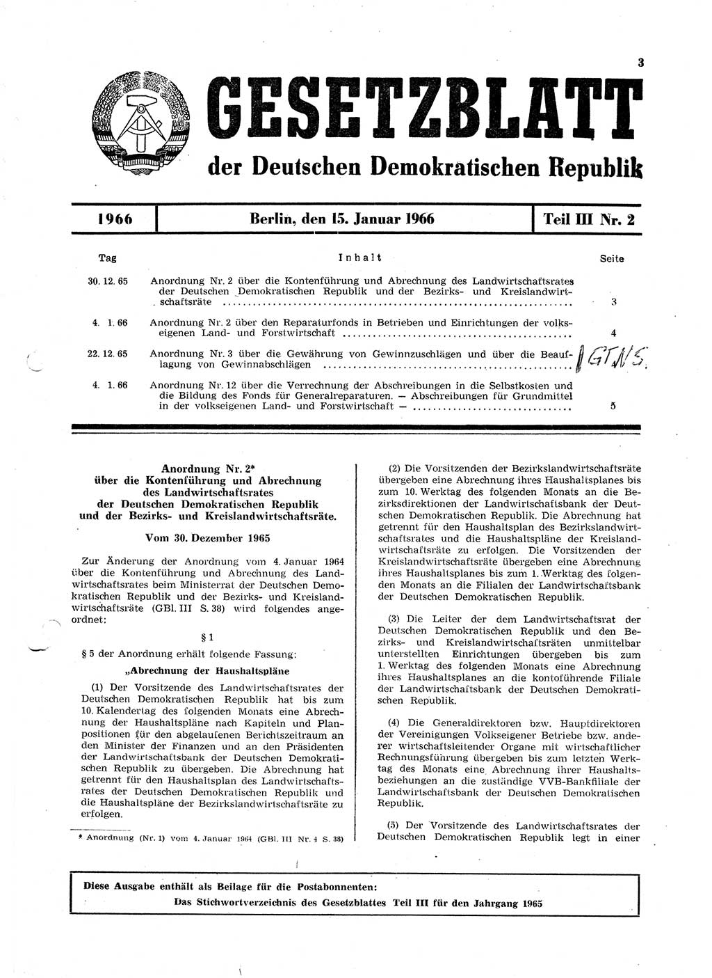 Gesetzblatt (GBl.) der Deutschen Demokratischen Republik (DDR) Teil ⅠⅠⅠ 1966, Seite 3 (GBl. DDR ⅠⅠⅠ 1966, S. 3)