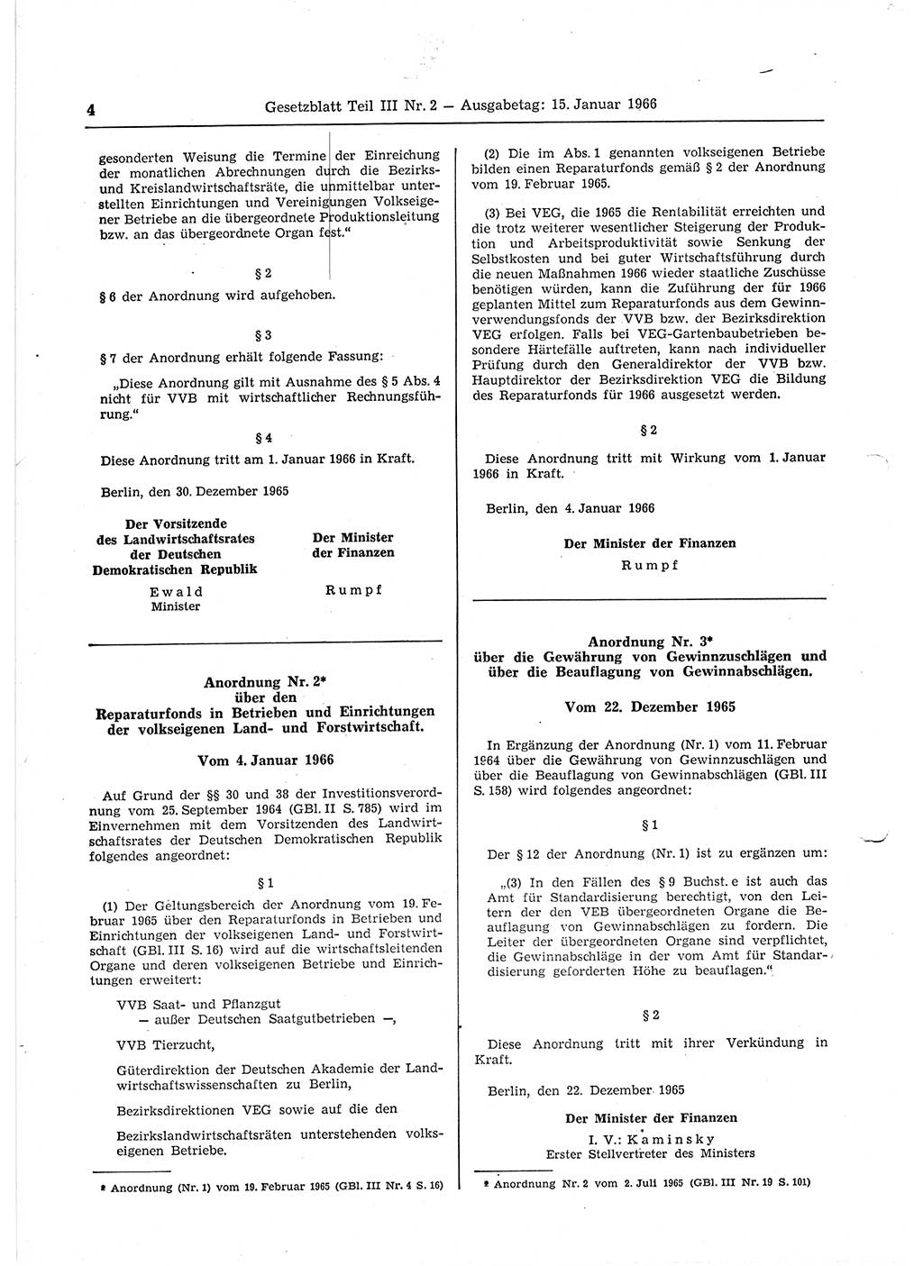 Gesetzblatt (GBl.) der Deutschen Demokratischen Republik (DDR) Teil ⅠⅠⅠ 1966, Seite 4 (GBl. DDR ⅠⅠⅠ 1966, S. 4)