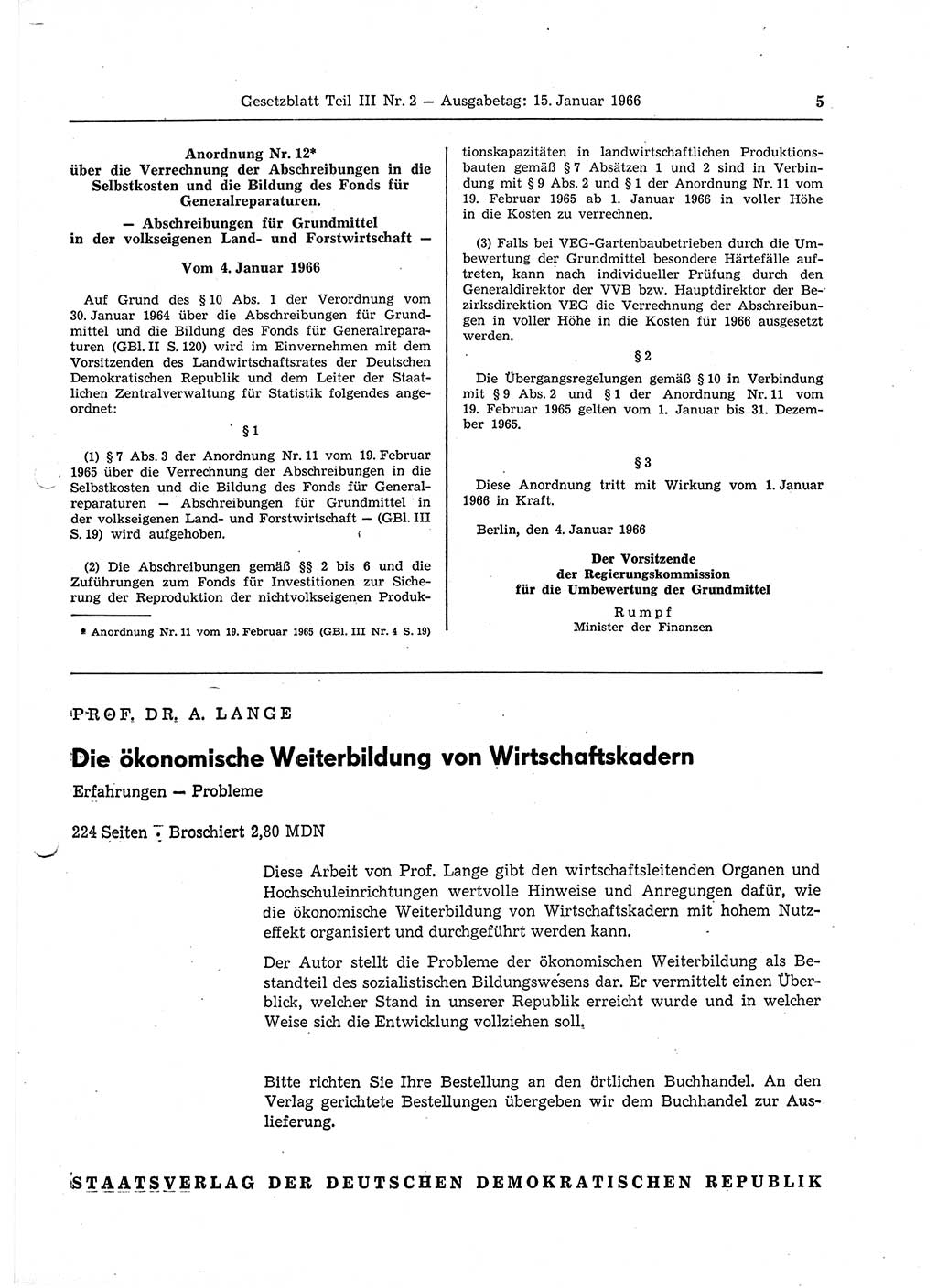 Gesetzblatt (GBl.) der Deutschen Demokratischen Republik (DDR) Teil ⅠⅠⅠ 1966, Seite 5 (GBl. DDR ⅠⅠⅠ 1966, S. 5)