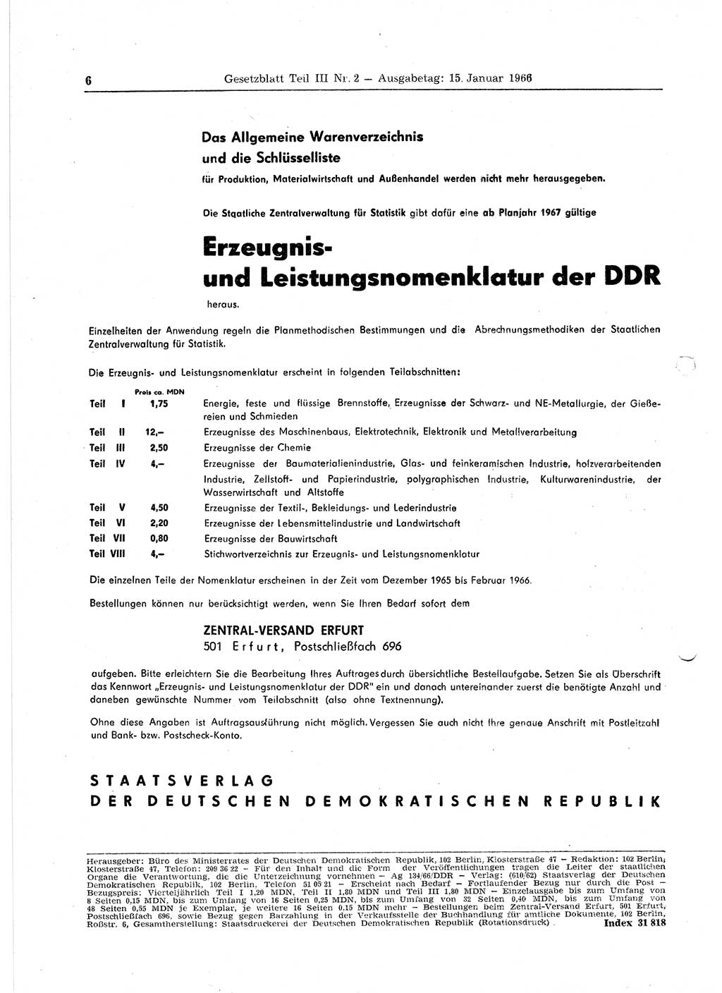 Gesetzblatt (GBl.) der Deutschen Demokratischen Republik (DDR) Teil ⅠⅠⅠ 1966, Seite 6 (GBl. DDR ⅠⅠⅠ 1966, S. 6)