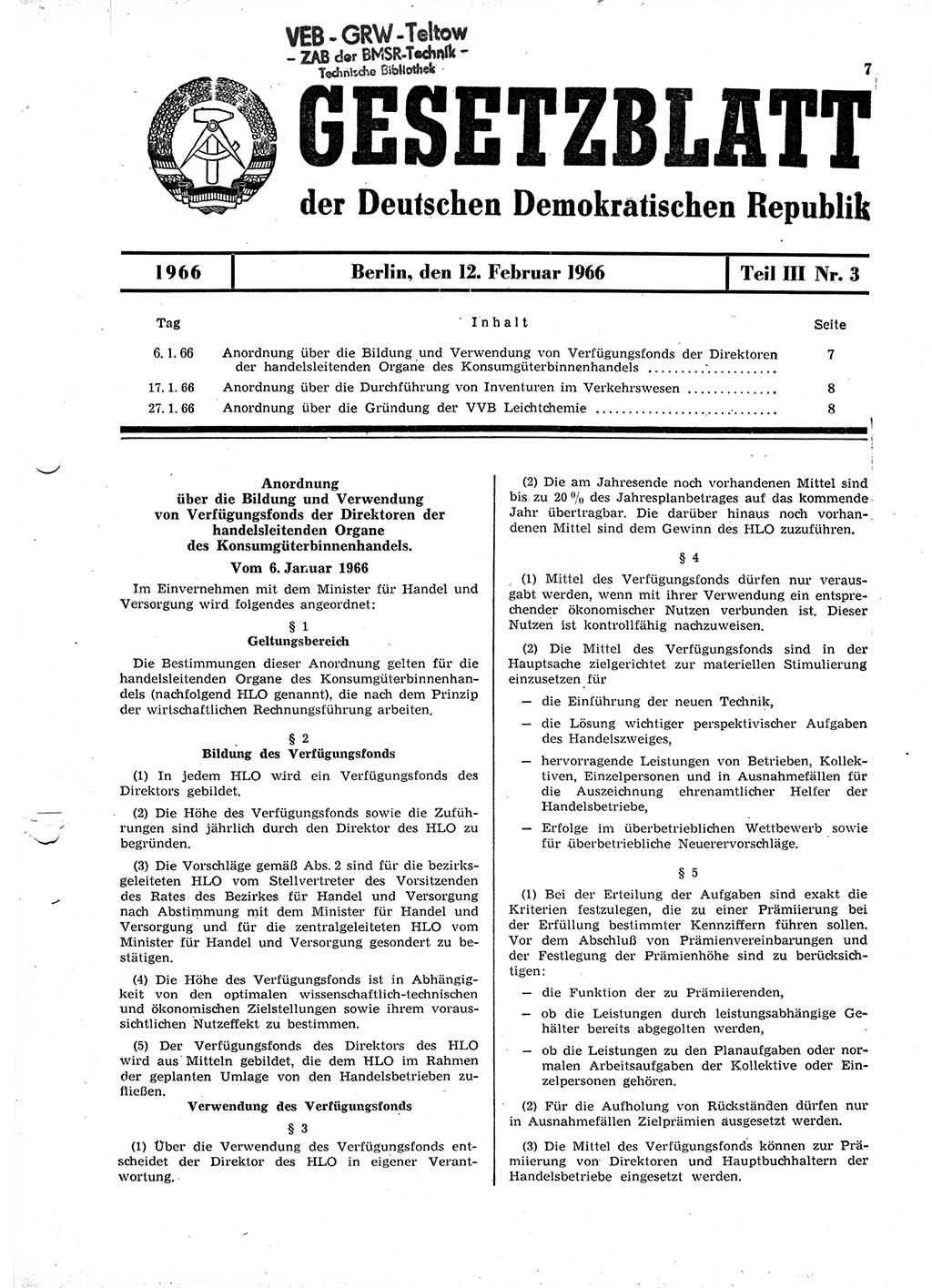 Gesetzblatt (GBl.) der Deutschen Demokratischen Republik (DDR) Teil ⅠⅠⅠ 1966, Seite 7 (GBl. DDR ⅠⅠⅠ 1966, S. 7)