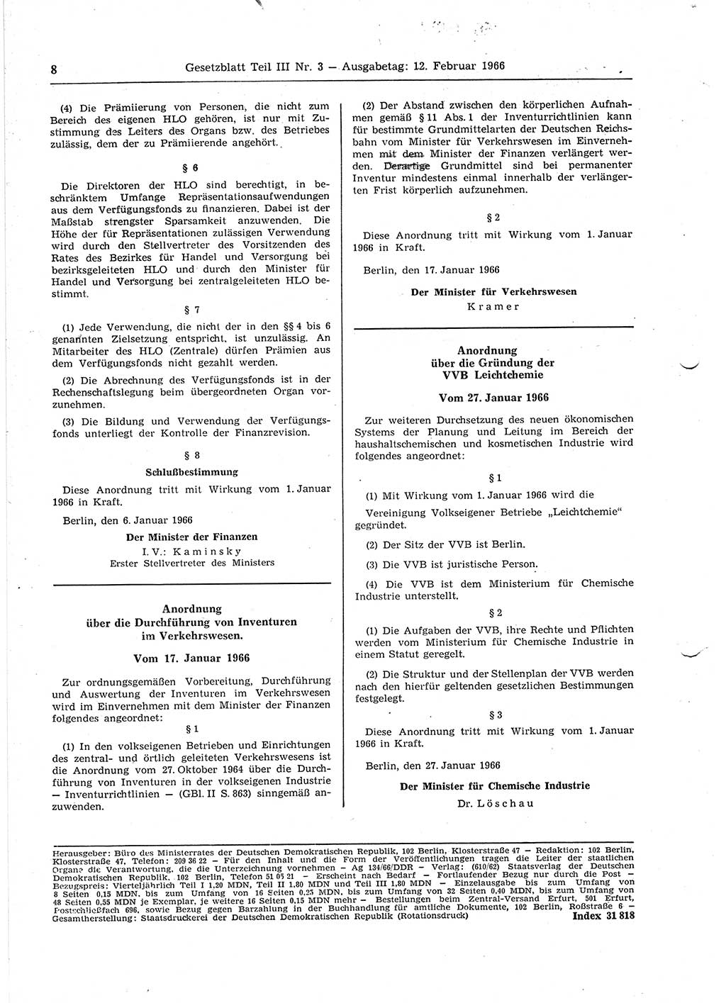 Gesetzblatt (GBl.) der Deutschen Demokratischen Republik (DDR) Teil ⅠⅠⅠ 1966, Seite 8 (GBl. DDR ⅠⅠⅠ 1966, S. 8)