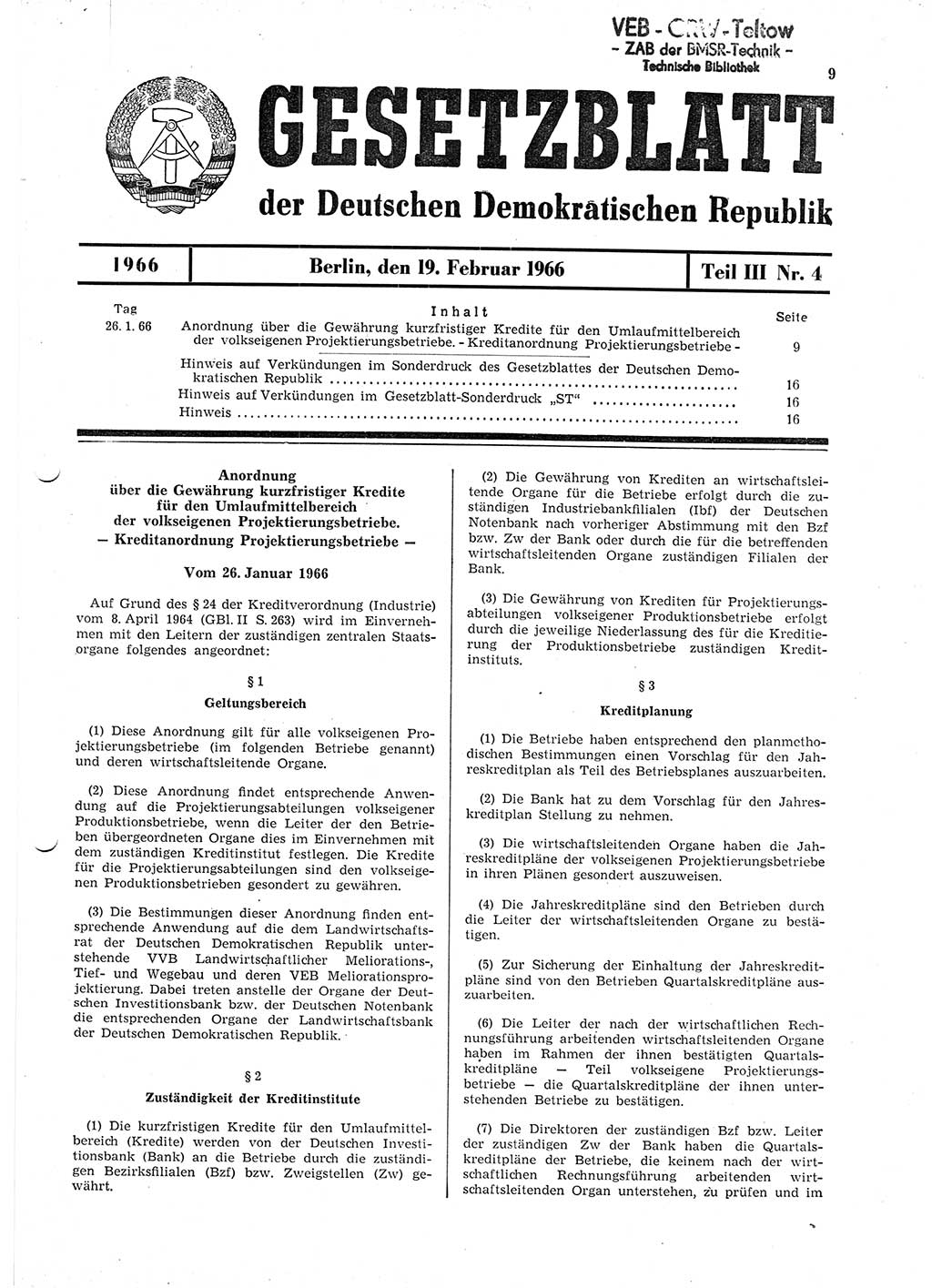 Gesetzblatt (GBl.) der Deutschen Demokratischen Republik (DDR) Teil ⅠⅠⅠ 1966, Seite 9 (GBl. DDR ⅠⅠⅠ 1966, S. 9)