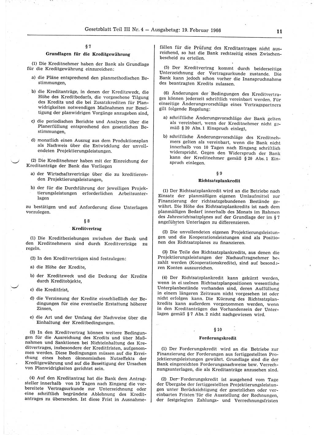 Gesetzblatt (GBl.) der Deutschen Demokratischen Republik (DDR) Teil ⅠⅠⅠ 1966, Seite 11 (GBl. DDR ⅠⅠⅠ 1966, S. 11)