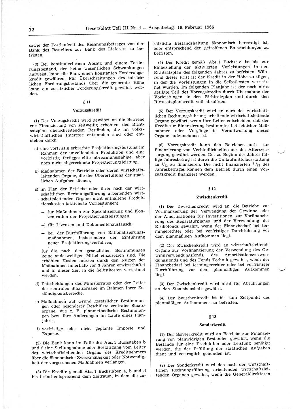 Gesetzblatt (GBl.) der Deutschen Demokratischen Republik (DDR) Teil ⅠⅠⅠ 1966, Seite 12 (GBl. DDR ⅠⅠⅠ 1966, S. 12)