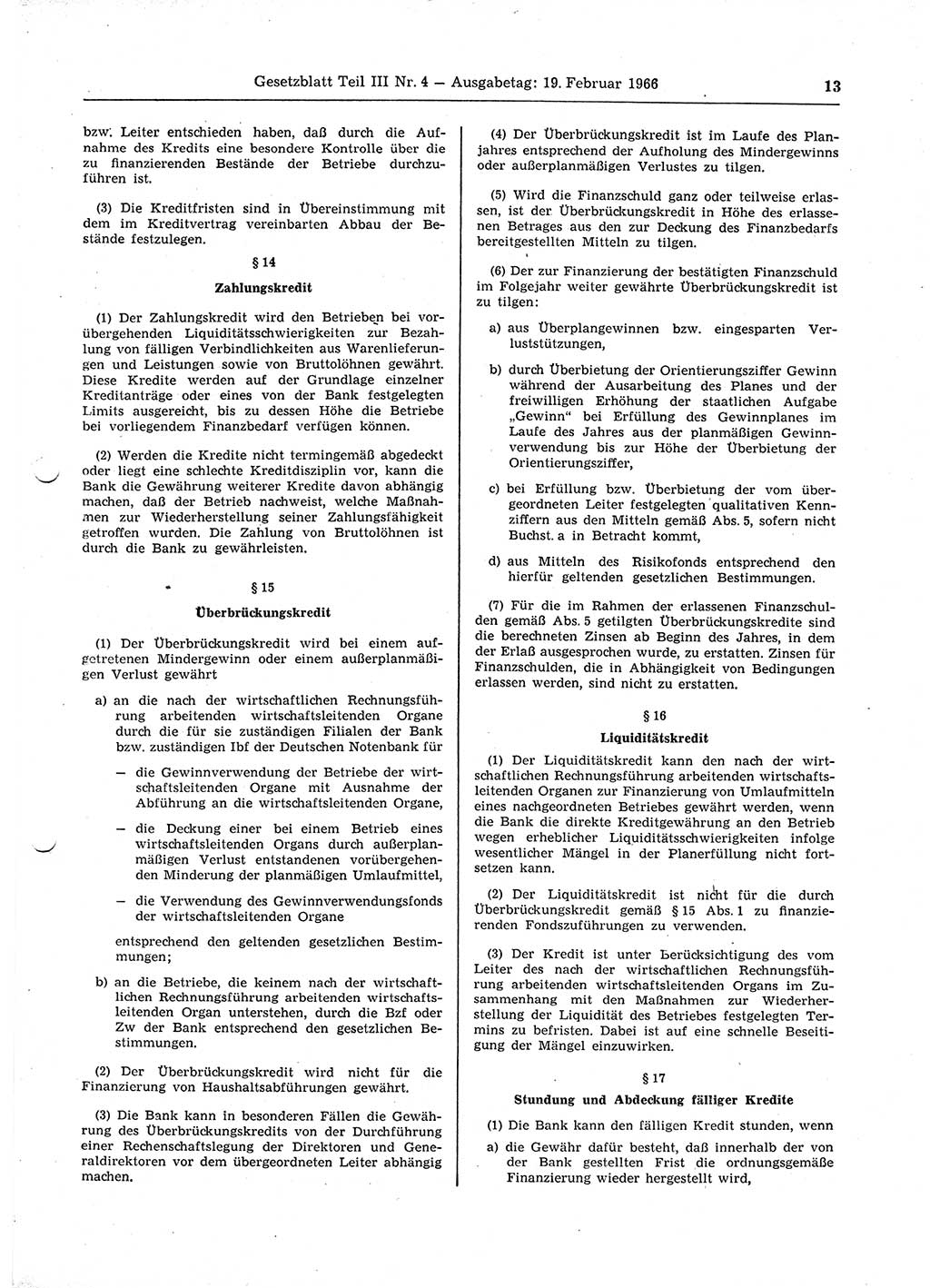 Gesetzblatt (GBl.) der Deutschen Demokratischen Republik (DDR) Teil ⅠⅠⅠ 1966, Seite 13 (GBl. DDR ⅠⅠⅠ 1966, S. 13)