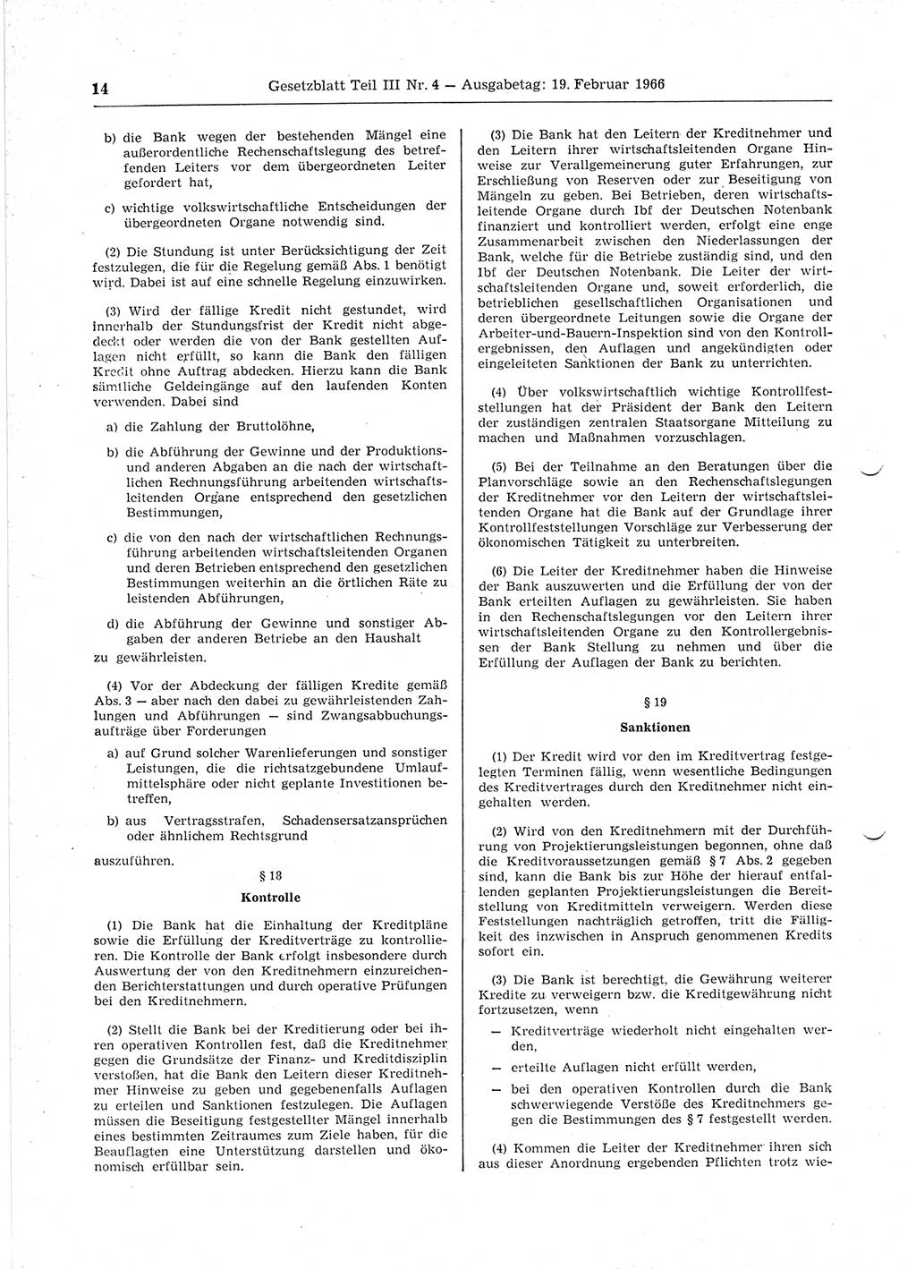 Gesetzblatt (GBl.) der Deutschen Demokratischen Republik (DDR) Teil ⅠⅠⅠ 1966, Seite 14 (GBl. DDR ⅠⅠⅠ 1966, S. 14)