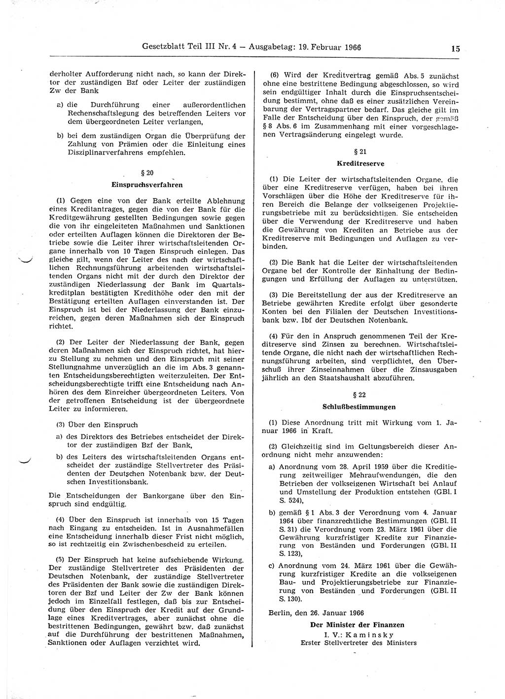 Gesetzblatt (GBl.) der Deutschen Demokratischen Republik (DDR) Teil ⅠⅠⅠ 1966, Seite 15 (GBl. DDR ⅠⅠⅠ 1966, S. 15)