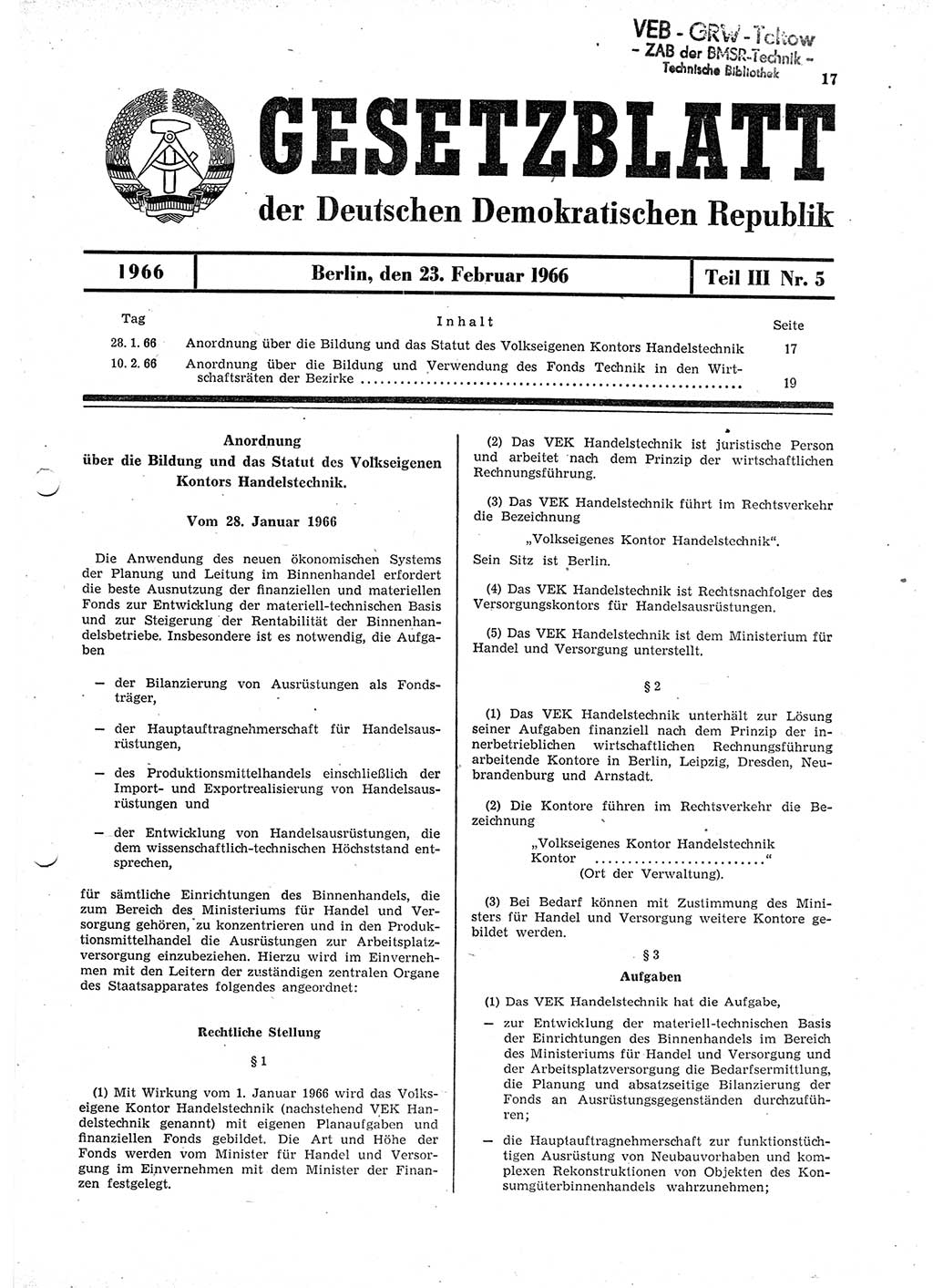 Gesetzblatt (GBl.) der Deutschen Demokratischen Republik (DDR) Teil ⅠⅠⅠ 1966, Seite 17 (GBl. DDR ⅠⅠⅠ 1966, S. 17)