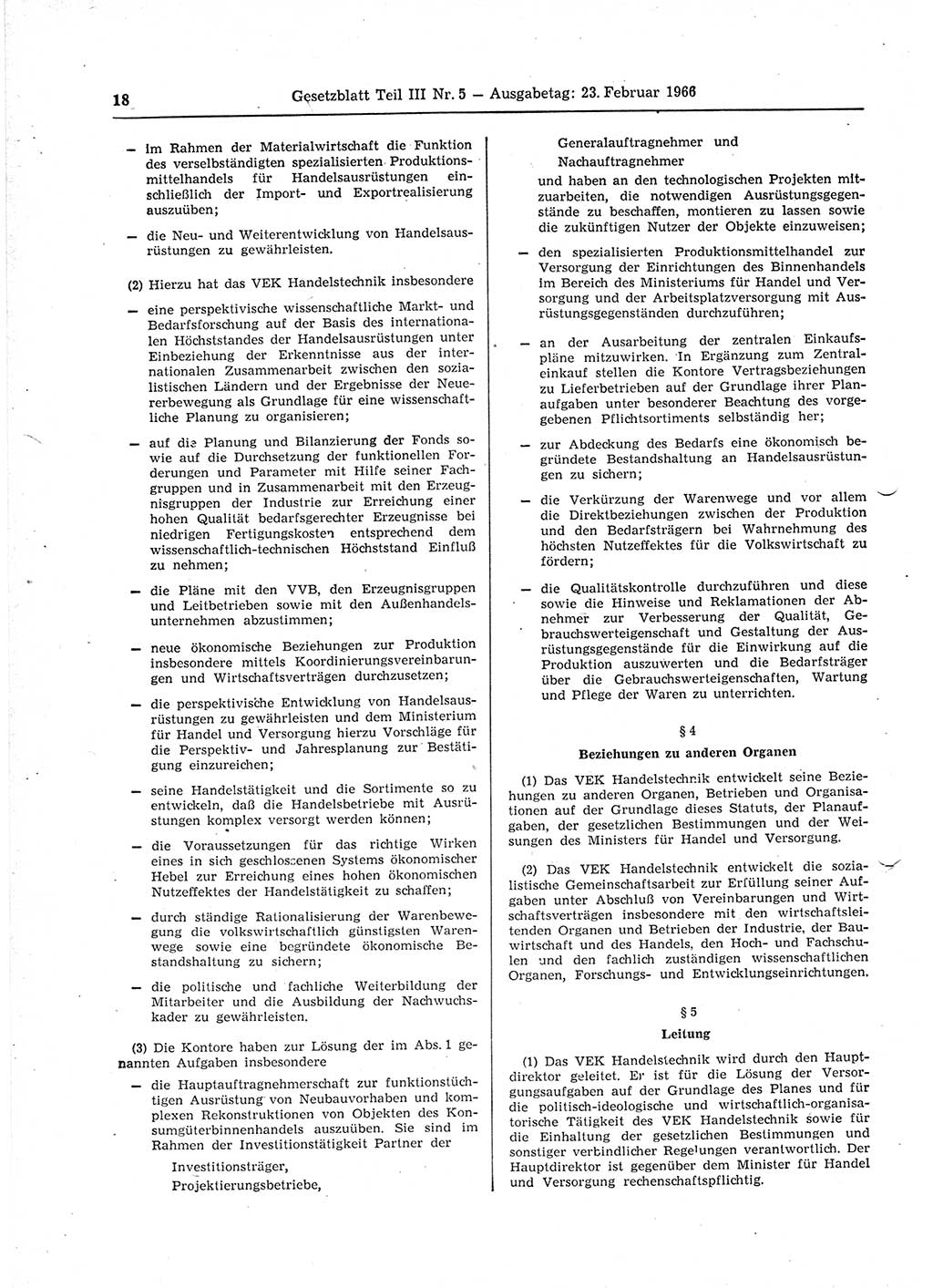 Gesetzblatt (GBl.) der Deutschen Demokratischen Republik (DDR) Teil ⅠⅠⅠ 1966, Seite 18 (GBl. DDR ⅠⅠⅠ 1966, S. 18)