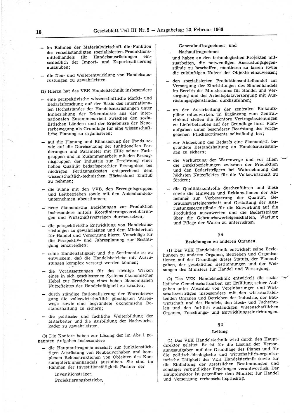 Gesetzblatt (GBl.) der Deutschen Demokratischen Republik (DDR) Teil ⅠⅠⅠ 1966, Seite 18 (GBl. DDR ⅠⅠⅠ 1966, S. 18)