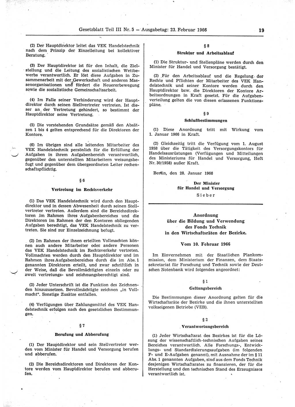 Gesetzblatt (GBl.) der Deutschen Demokratischen Republik (DDR) Teil ⅠⅠⅠ 1966, Seite 19 (GBl. DDR ⅠⅠⅠ 1966, S. 19)