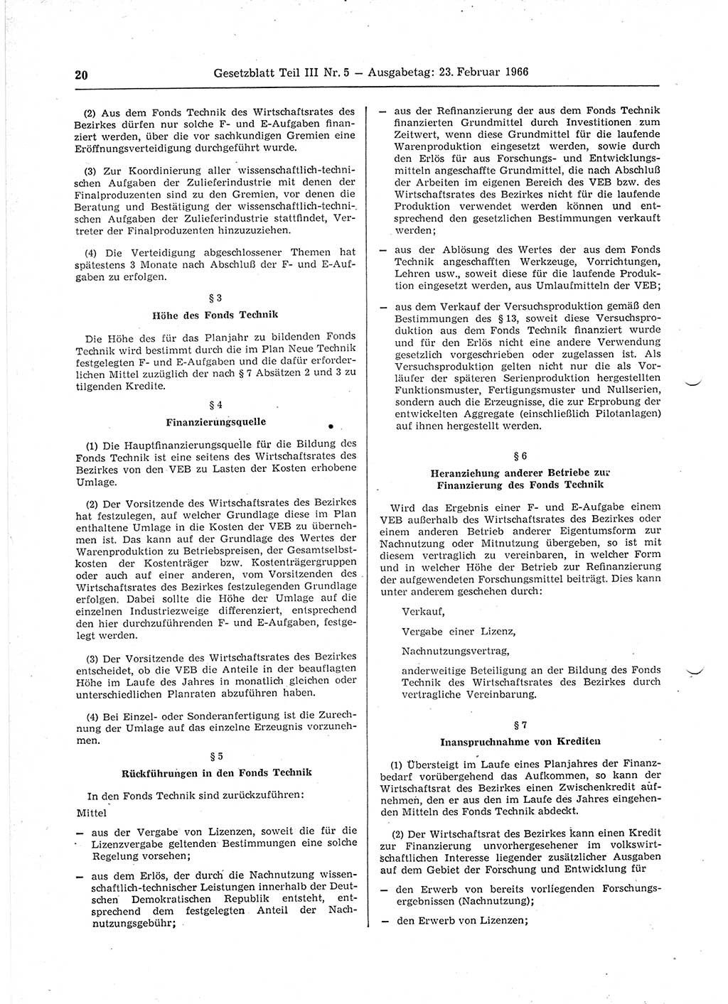 Gesetzblatt (GBl.) der Deutschen Demokratischen Republik (DDR) Teil ⅠⅠⅠ 1966, Seite 20 (GBl. DDR ⅠⅠⅠ 1966, S. 20)