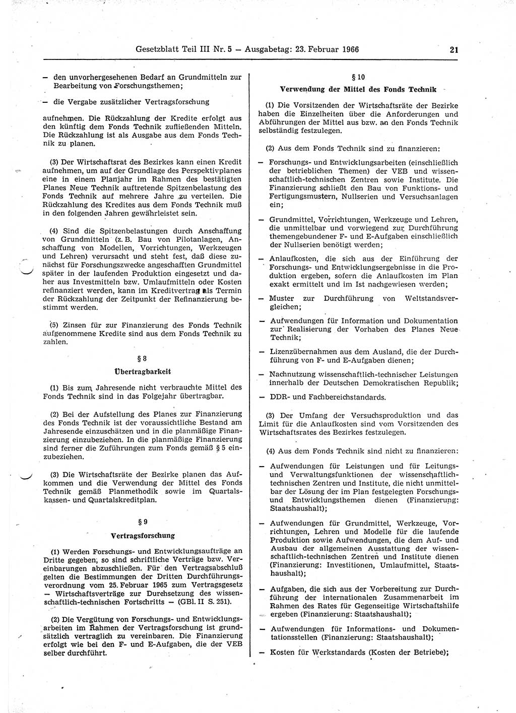 Gesetzblatt (GBl.) der Deutschen Demokratischen Republik (DDR) Teil ⅠⅠⅠ 1966, Seite 21 (GBl. DDR ⅠⅠⅠ 1966, S. 21)