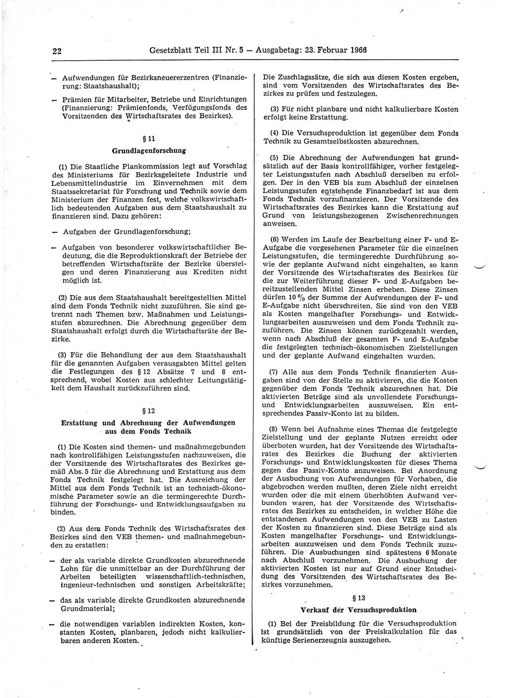 Gesetzblatt (GBl.) der Deutschen Demokratischen Republik (DDR) Teil ⅠⅠⅠ 1966, Seite 22 (GBl. DDR ⅠⅠⅠ 1966, S. 22)