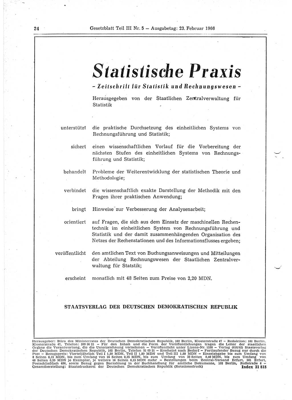 Gesetzblatt (GBl.) der Deutschen Demokratischen Republik (DDR) Teil ⅠⅠⅠ 1966, Seite 24 (GBl. DDR ⅠⅠⅠ 1966, S. 24)