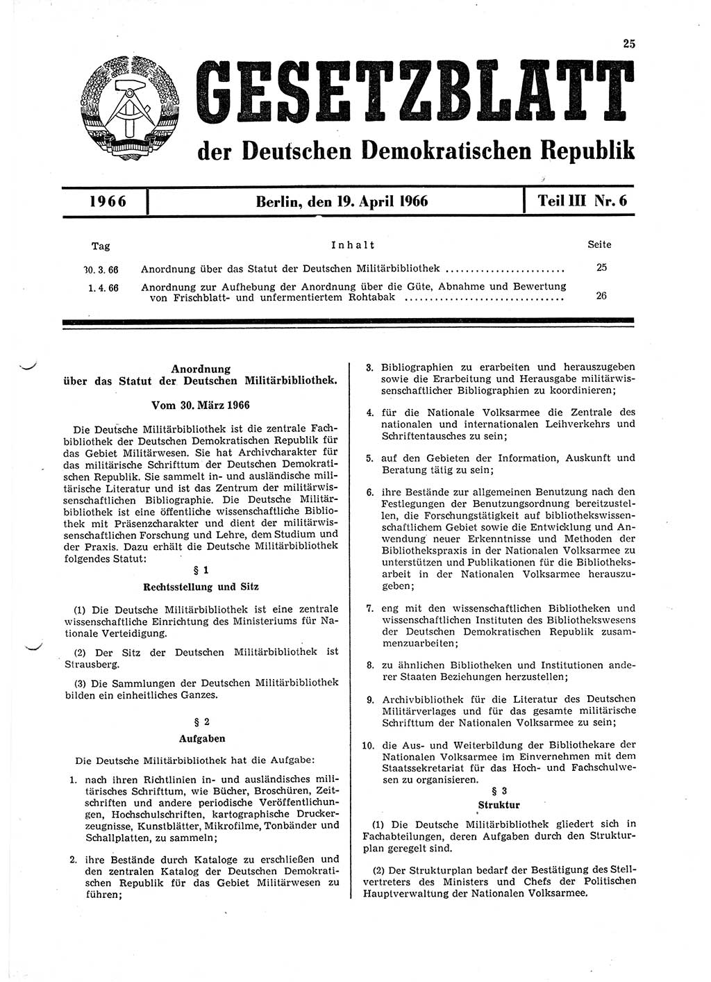Gesetzblatt (GBl.) der Deutschen Demokratischen Republik (DDR) Teil ⅠⅠⅠ 1966, Seite 25 (GBl. DDR ⅠⅠⅠ 1966, S. 25)