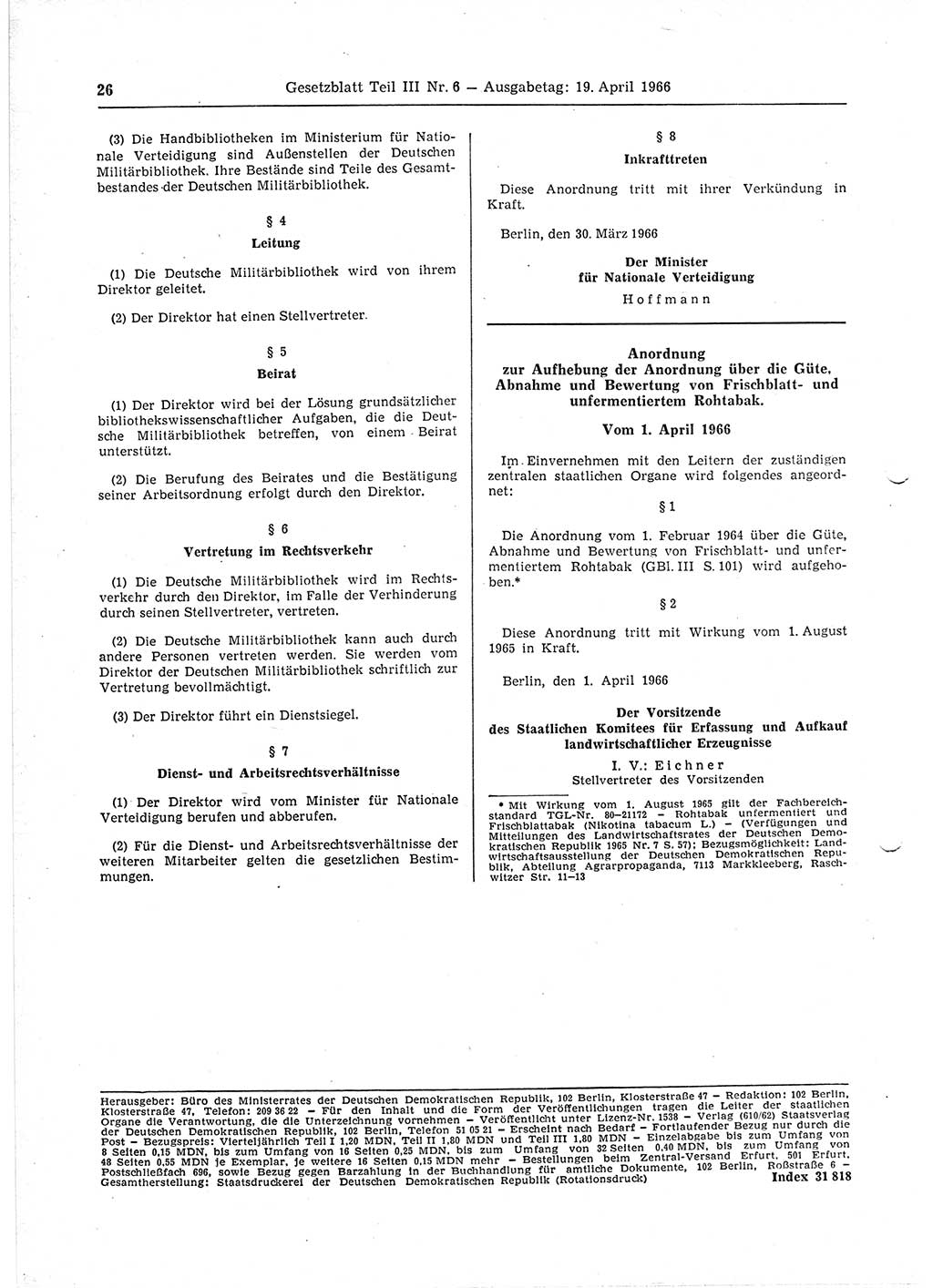 Gesetzblatt (GBl.) der Deutschen Demokratischen Republik (DDR) Teil ⅠⅠⅠ 1966, Seite 26 (GBl. DDR ⅠⅠⅠ 1966, S. 26)