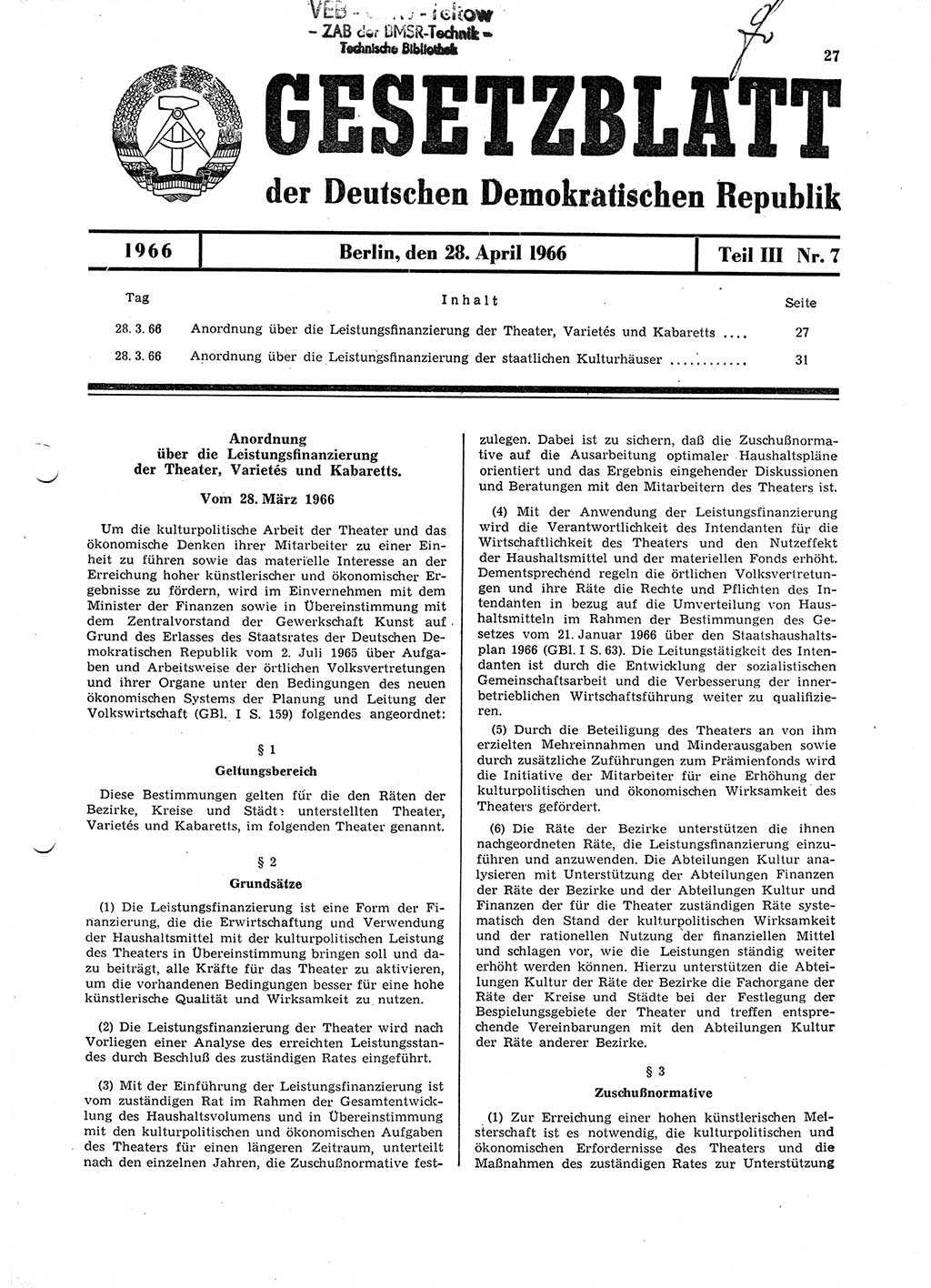 Gesetzblatt (GBl.) der Deutschen Demokratischen Republik (DDR) Teil ⅠⅠⅠ 1966, Seite 27 (GBl. DDR ⅠⅠⅠ 1966, S. 27)